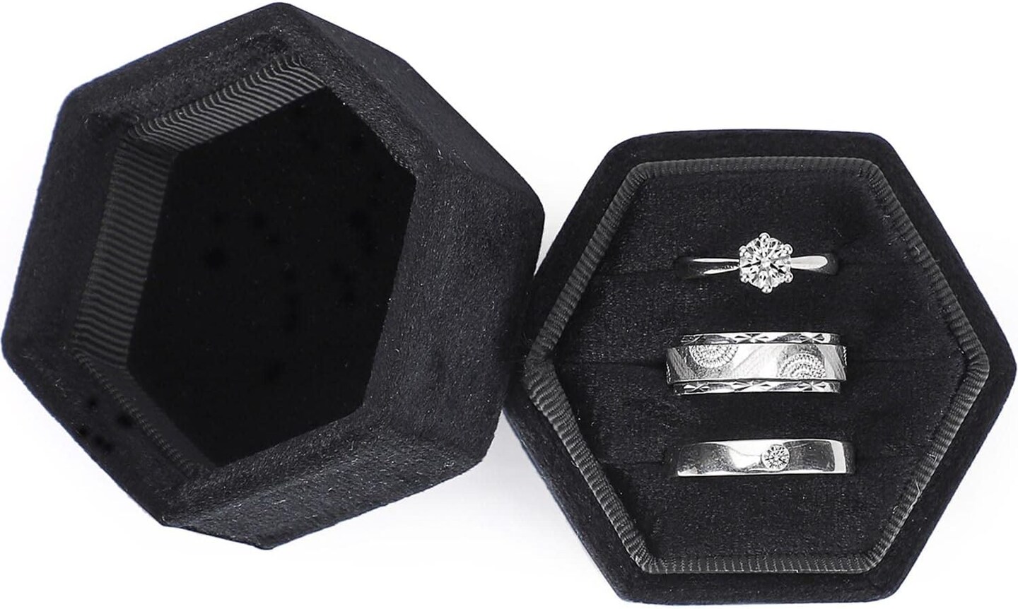 Velvet Jewelry Ring Storage Box, 3 Slots Hexagon Ring Gift Box Vintage Ring Display Holder Case for Wedding Ceremony Proposal Engagement (Black, 3 Slots)