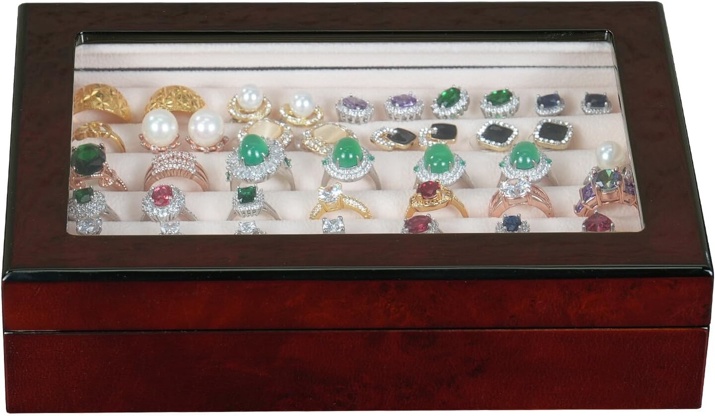 Wooden Ring Box Earring Storage Box Jewelry Organizer for Women, Top Glass Window - Magnet Closure, Men's Cufflink Box At Least for 24 pairs Cufflinks or 40 Rings Holder Display (Burgundy)