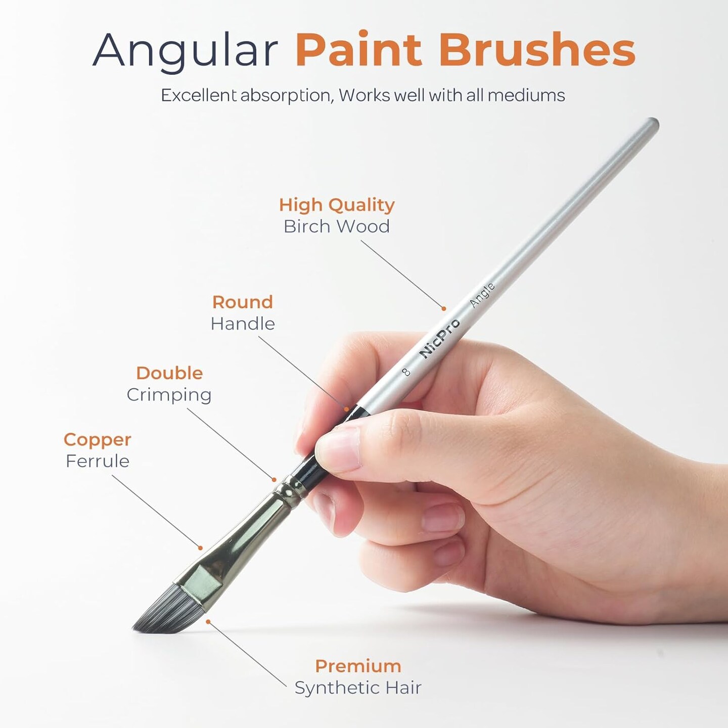 10 PCS Angular Paint Brush Set, Soft Anti-Shedding Nylon Hair Long Handle Angled Paint Brushes, Suitable for Artists and Beginners for Watercolor, Acrylics, Ink, Gouache, Oil, Tempera