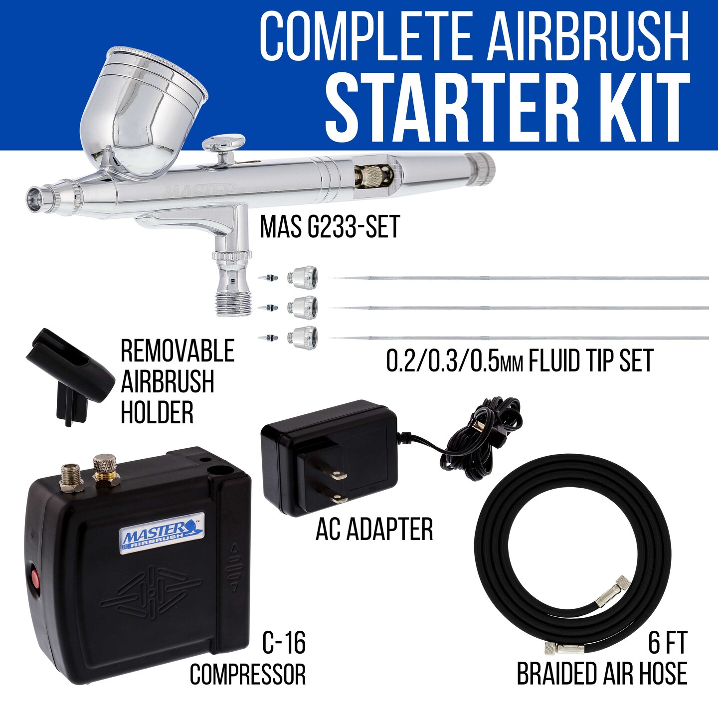 Master Performance G233 Airbrush Kit with Master Black Mini Portable Compressor C16-B &#x26; Air Hose