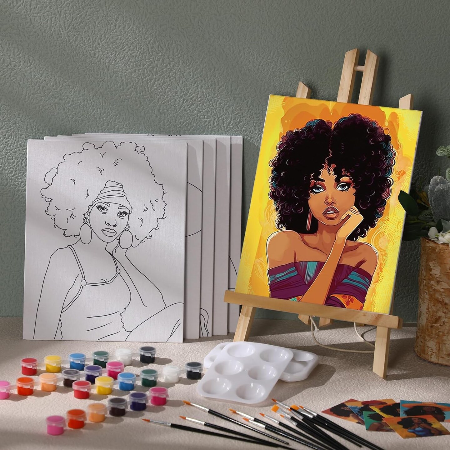 6 Pack Canvas Painting Kit Pre Drawn Afro Queen Cotton Canvas 8 x 10 Inch Stretched Paint and Sip Set for Adults Party Date Night