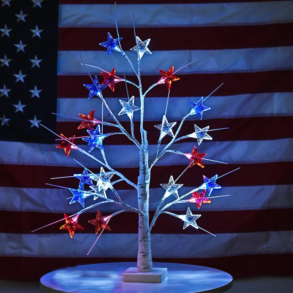 4th of July Decorations, Birch Table lamp Flag Star Tree Lights, 24”Independence Day Table lamp for Home, Bedroom Room Office Decoration, 1Pack, 24 inch