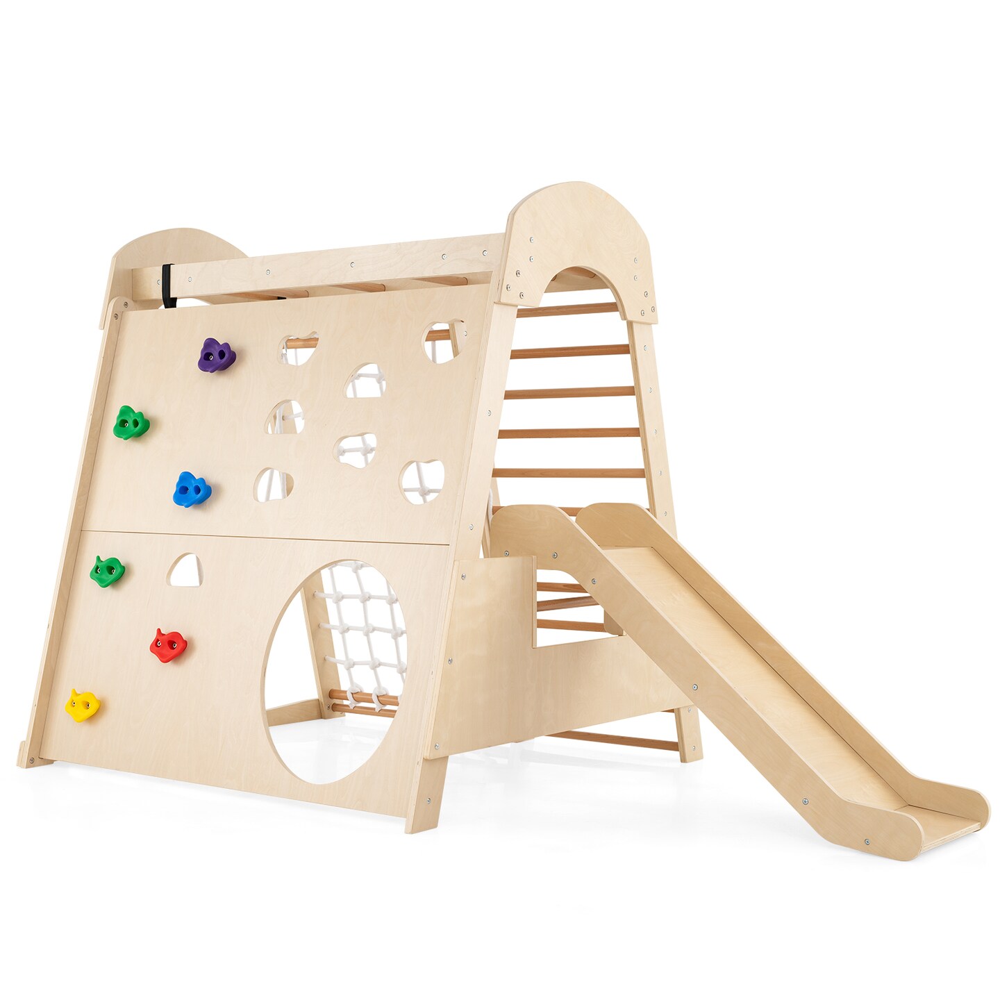 Wooden 8 in 1 Indoor Playground with Swing Climbing Wall and Slide