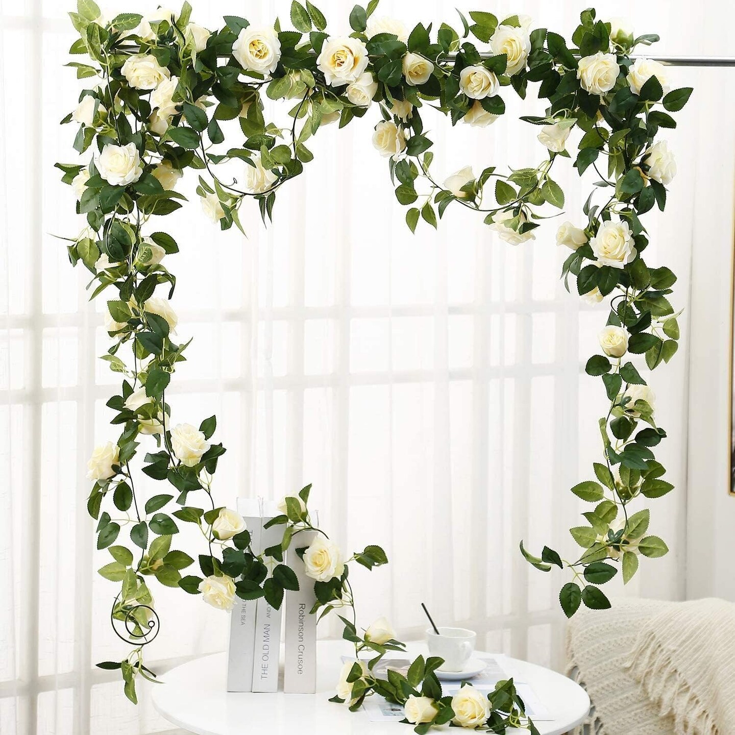 6PCS Artificial Rose Vine 50FT Silk Flowers Garland White Rose Fake Hanging Ivy Vine for Wedding Arch Table Centerpiece Home Table Wall Decor