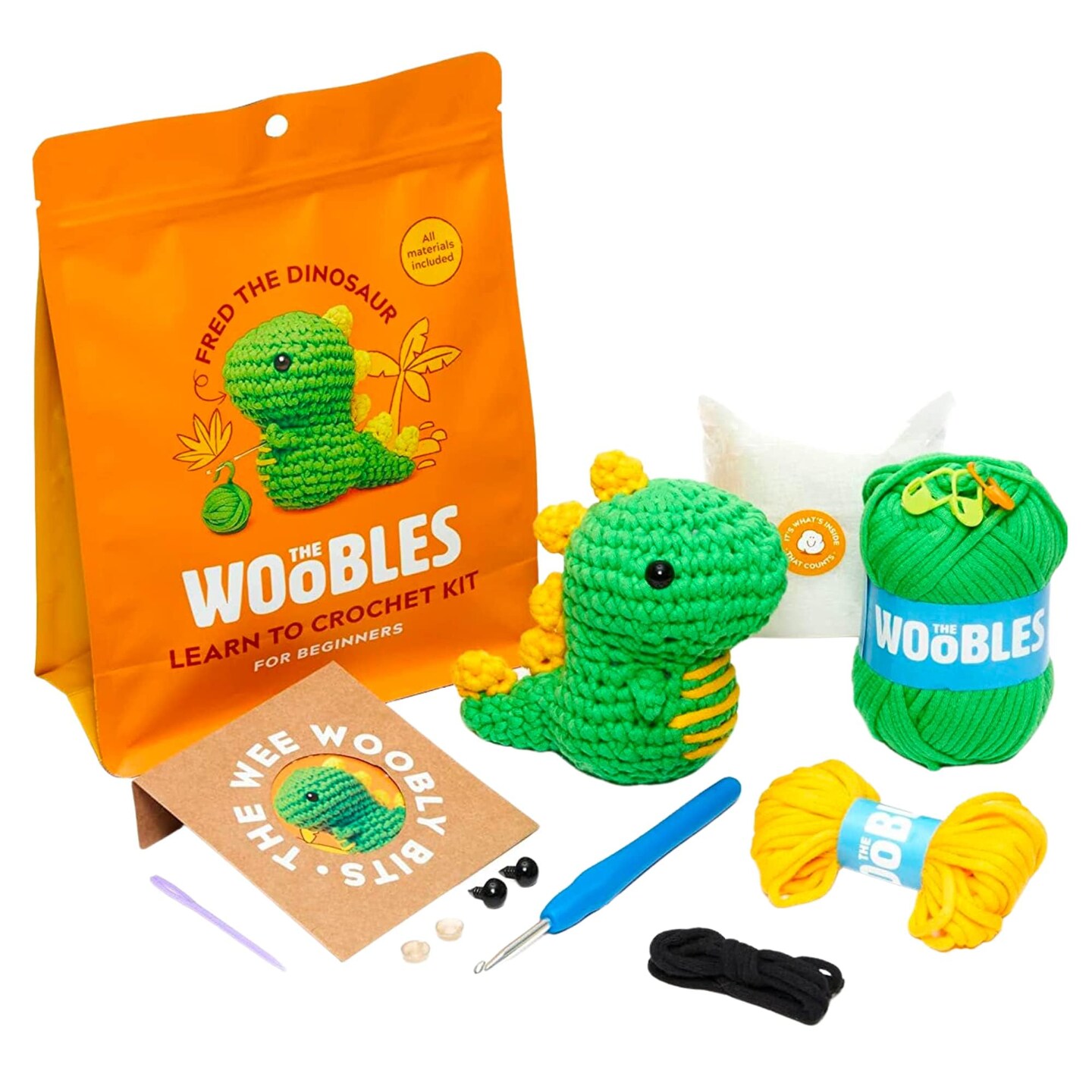 The Woobles Beginners Crochet Kit with Easy Peasy Yarn as seen on Shark Tank - with Step-by-Step Video Tutorials - Fred The Dinosaur
