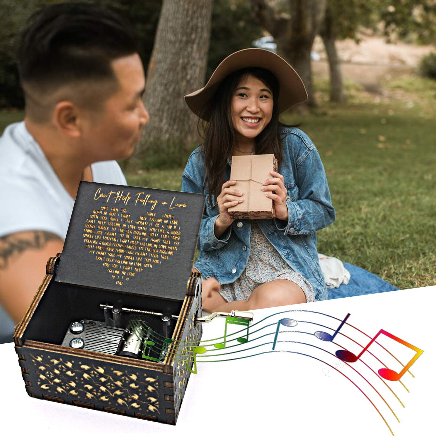 Can&#x27;t Help Falling in Love Wood Music Box, Antique Engraved Musical Boxes Case for Love One Wooden Music Box - Gifts for Lover, Boyfriend, Girlfriend, Husband, Wife (Black)
