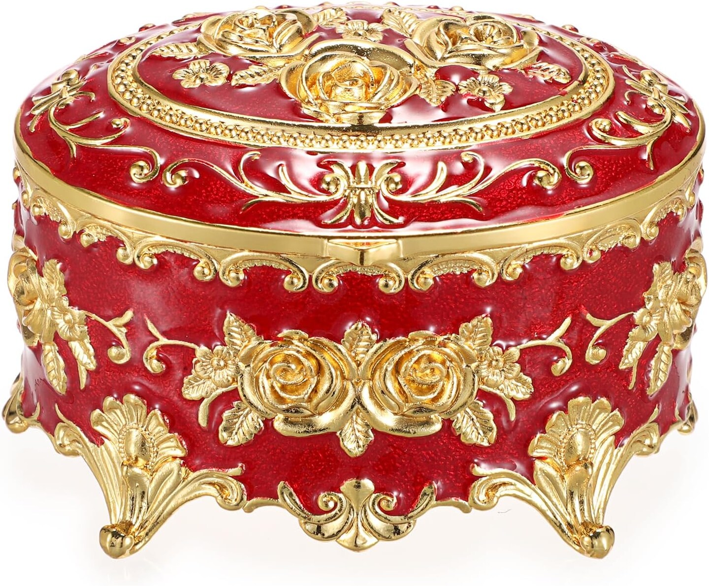 Oval Jewelry Box Classic Metal Trinket Organizer Ring Storage Box with Rose Pattern Jewelry Storage Box for Ring Earrings Necklace, Gift for Women Girls, Red