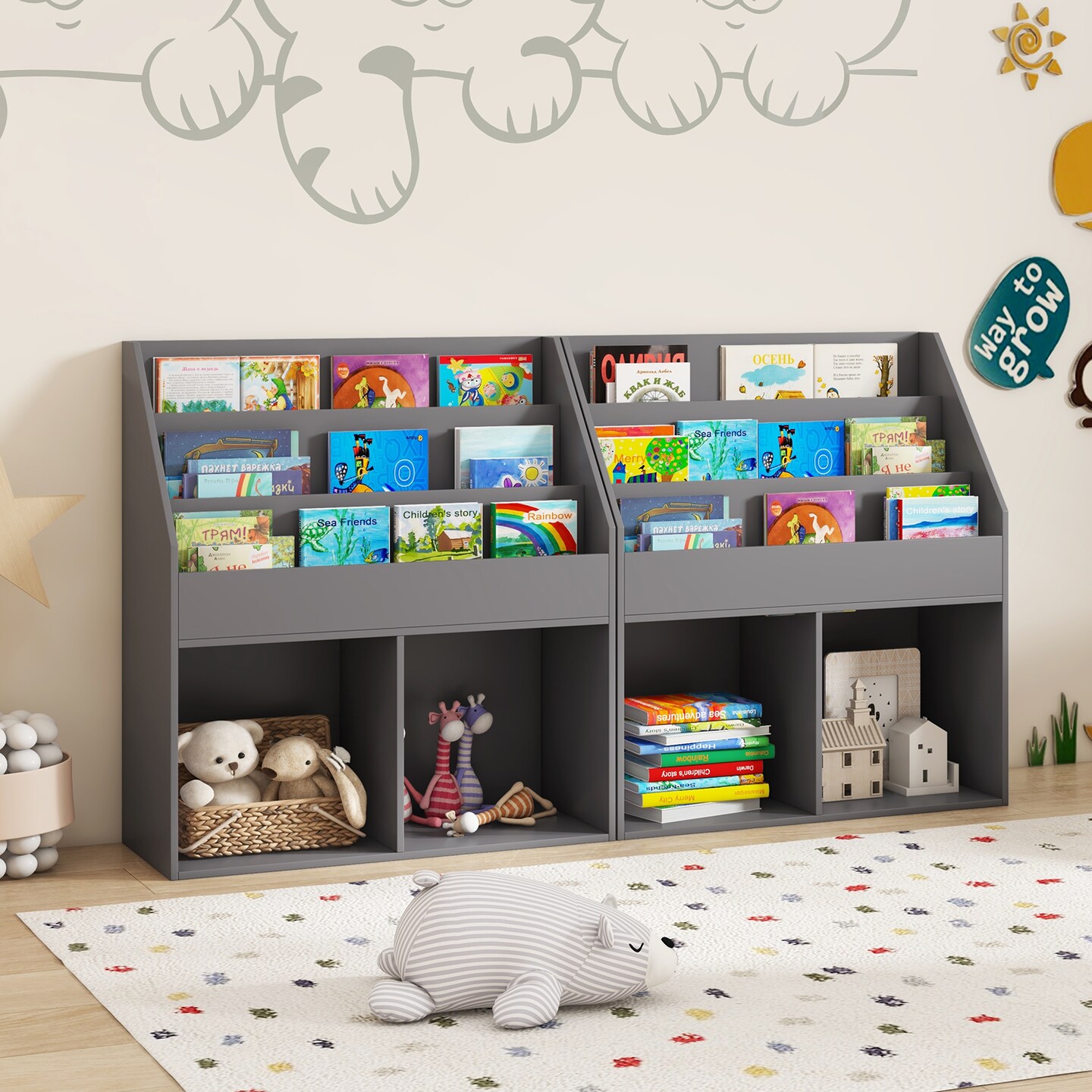 Kids Storage Organizer with Tiered Shelves Grey Engineered Wood Bookshelf for Toys and Books