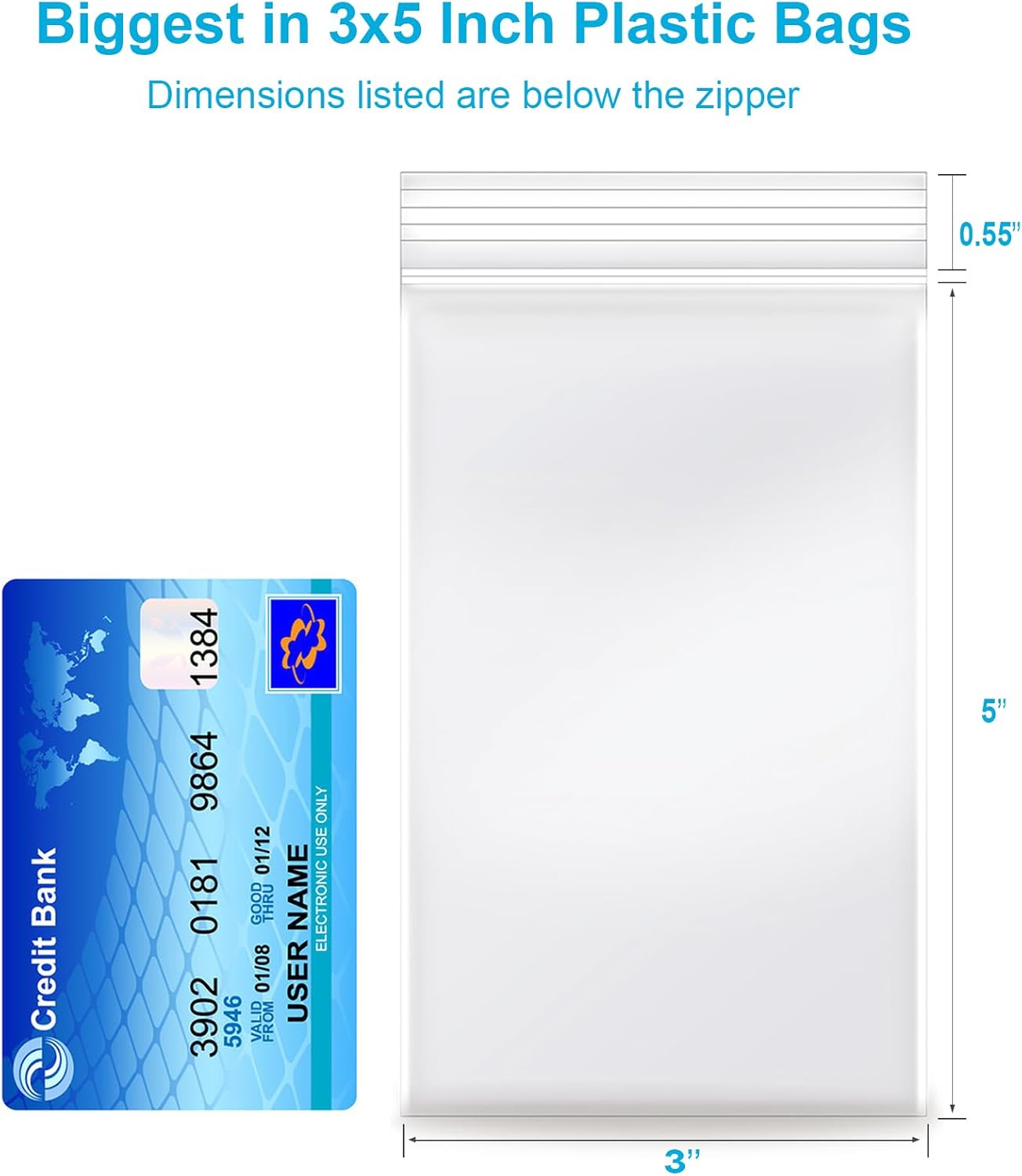 3''x 5'', (Pack of 100) 2 mil Thick Clear Plastic Reclosable Zip Poly Bags with Resealable Lock Seal Zipper for Photo, Jewelry, Bakery, Treats, Travel, Storage, Packaging & Shipping