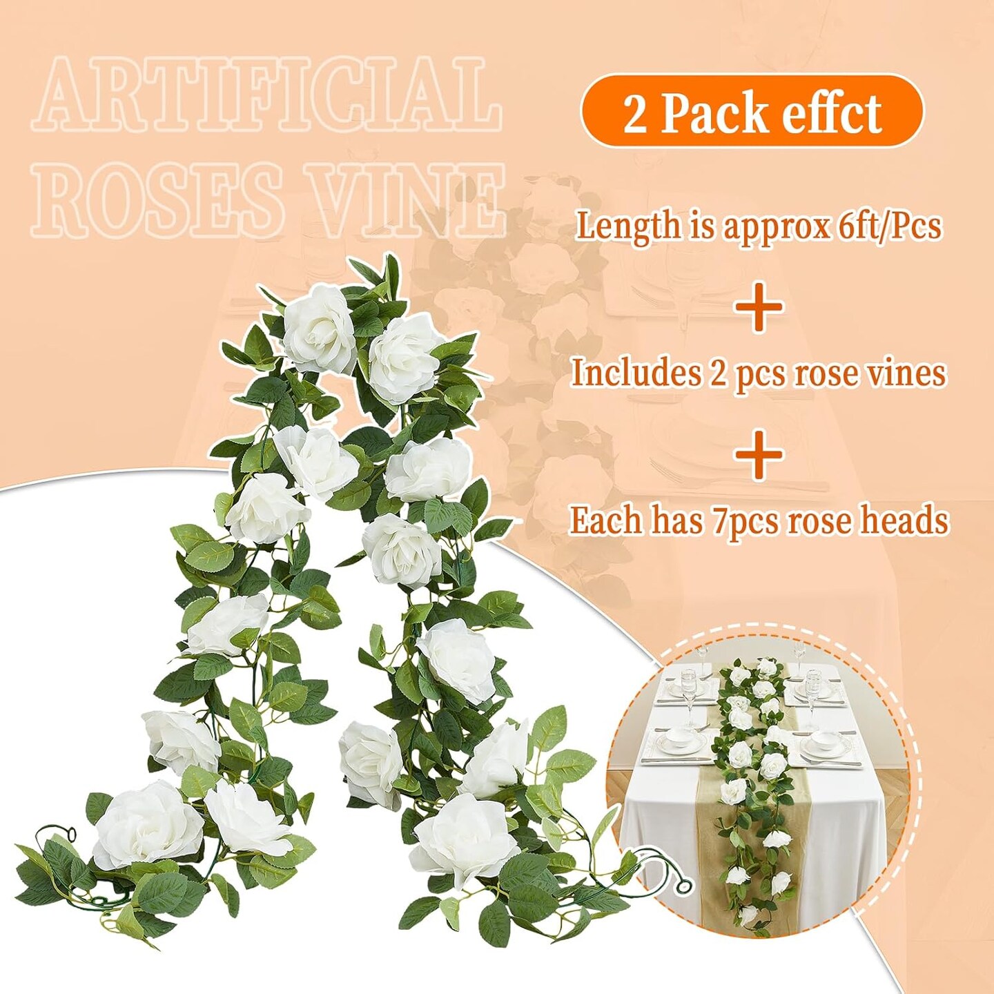 White Artificial Rose Garlands Rose Vines Leaves Banners Hanging Floral Garland Fake Rose Flower Vine