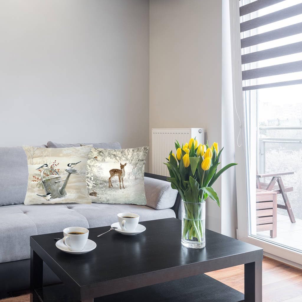 Animals Throw Pillow Cover Christmas - 18 x 18 Inch Pet Snowman Vase Deer Dog Rabbit Bird Xmas Tree Pillow Case - Set of 4 Square Winter Snowfield Pillowslip, Great for Sofa, Patio, bedroom Decor