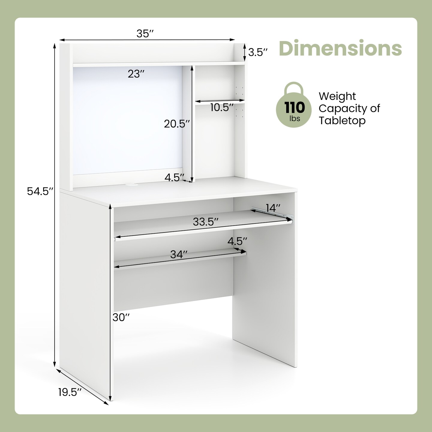 Home Office Desk with Hutch Pull Out Tray and Magnetic Whiteboard