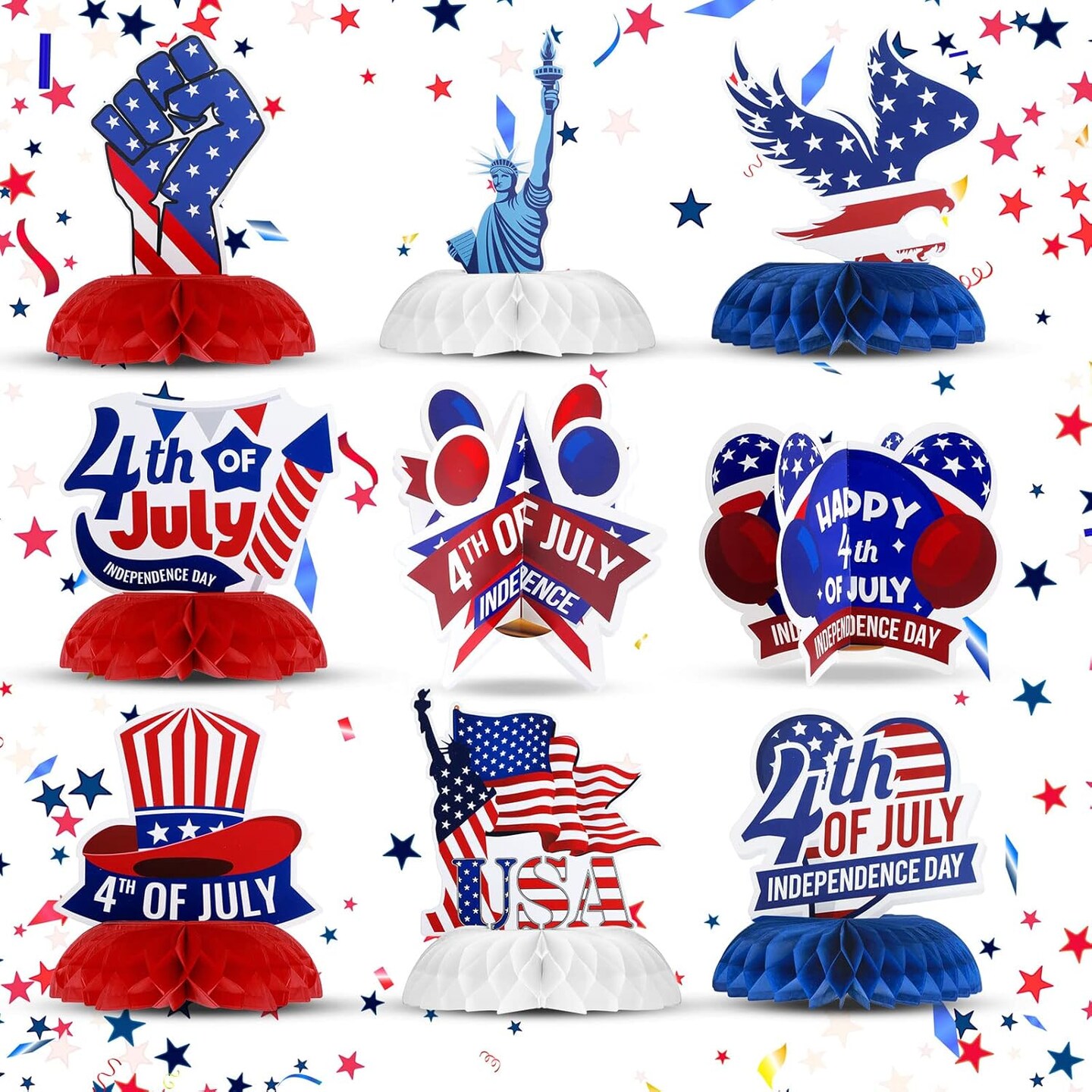9 Pieces Patriotic Table Centerpiece 4th of July Honeycomb Centerpieces 3D Patriotic Table Decoration American Flag for Independence Day Party Decorations Supplies