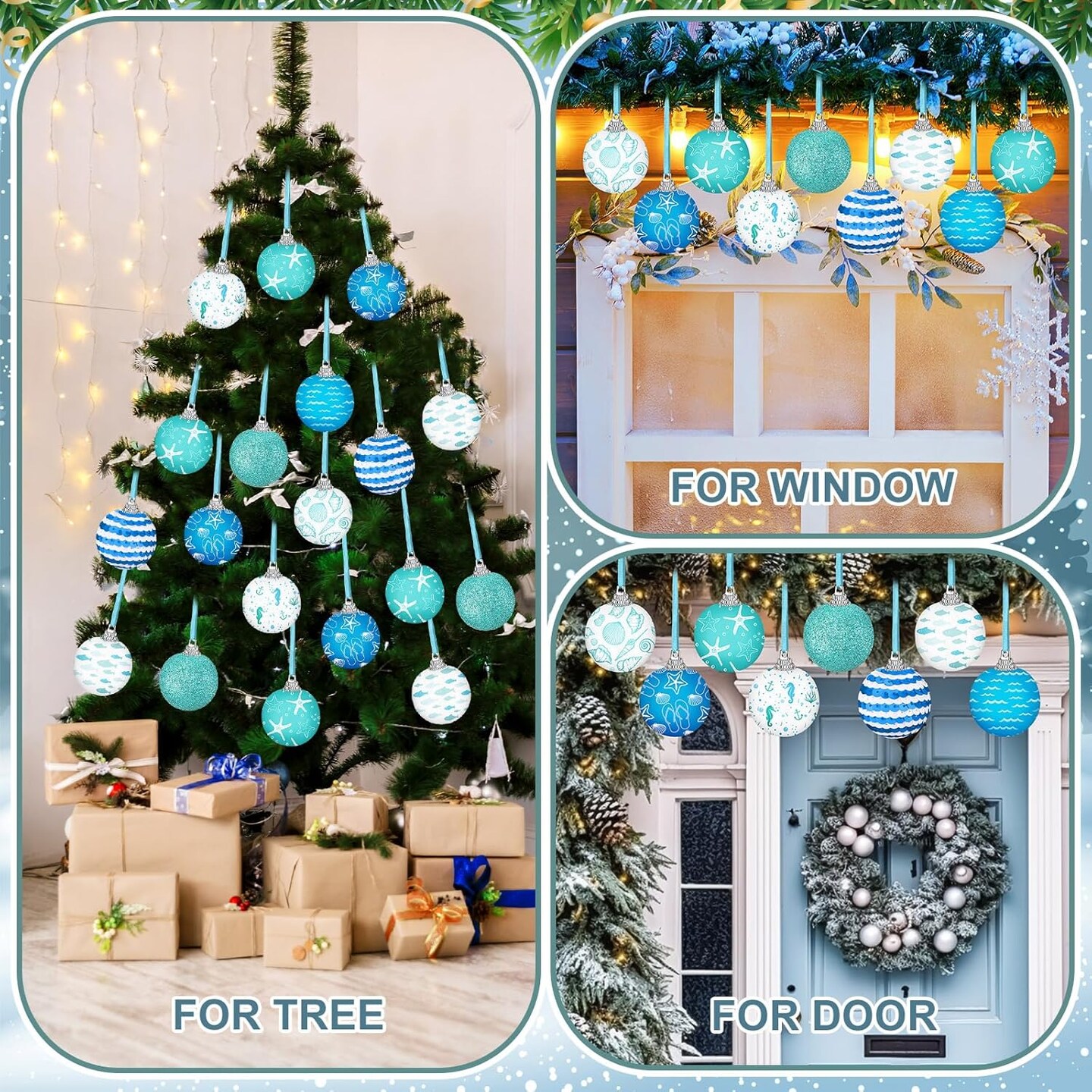 16 Pcs Summer Ornaments for Tree, 1.57 inch Beach Ocean Decorations Coastal Starfish Seashells Wave Hanging Ball Decor Blue Shiny Summer Ball Ornaments for Holiday Party Favor Decorative (Ocean)