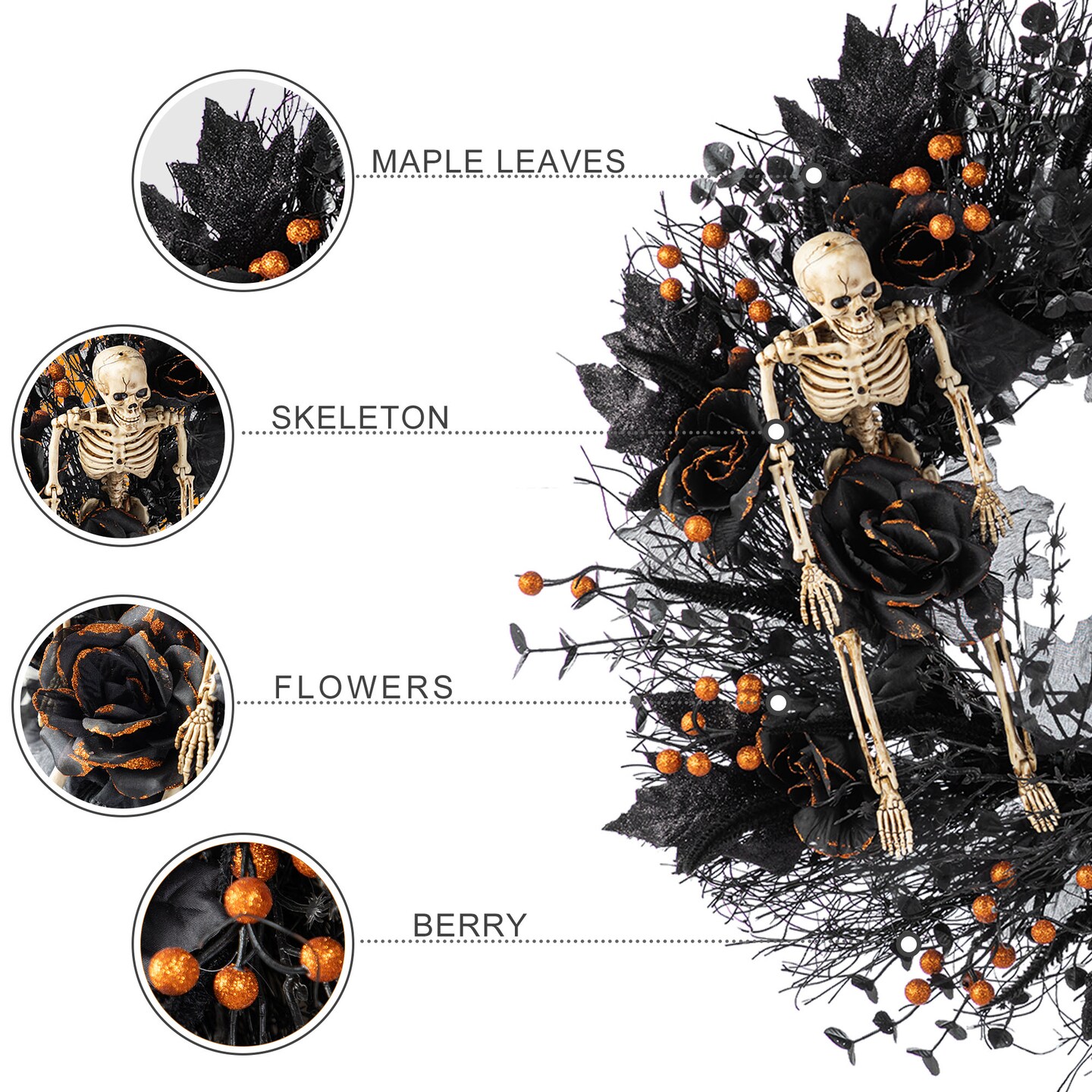 Halloween Lighted Black Rose with Orange Glitter Urn Porch Trees and Wreath/Teardrop Set