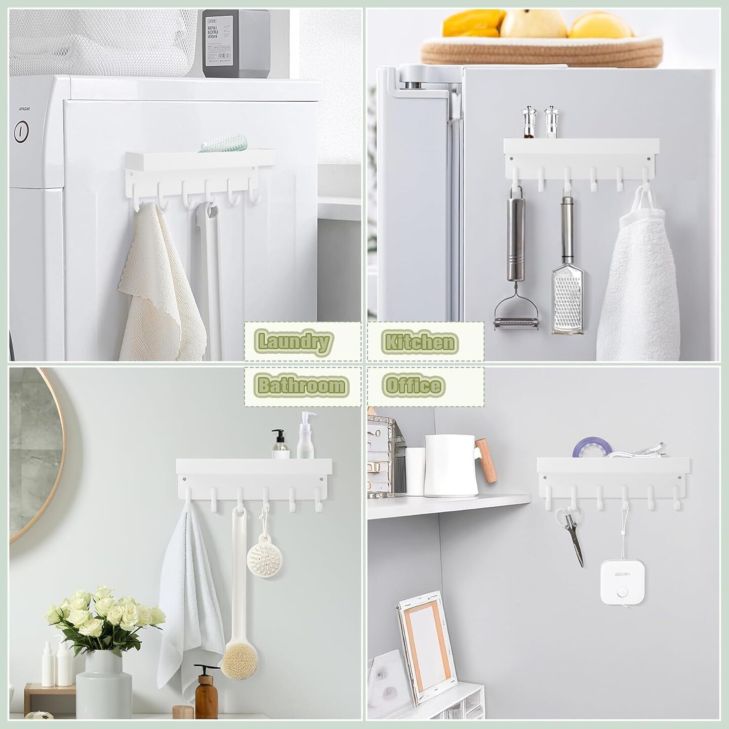 Magnetic Key Holder Wall Mount, Compact Metal Key Rack with Tray, 6 Hooks, 2 Mount Options, White