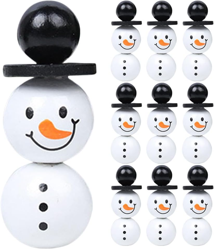 Christmas Wooden Beads Xmas Snowman Wood Round Bead White Black Wooden Beads with Snowman Face Pattern for DIY Crafts Christmas Supplies