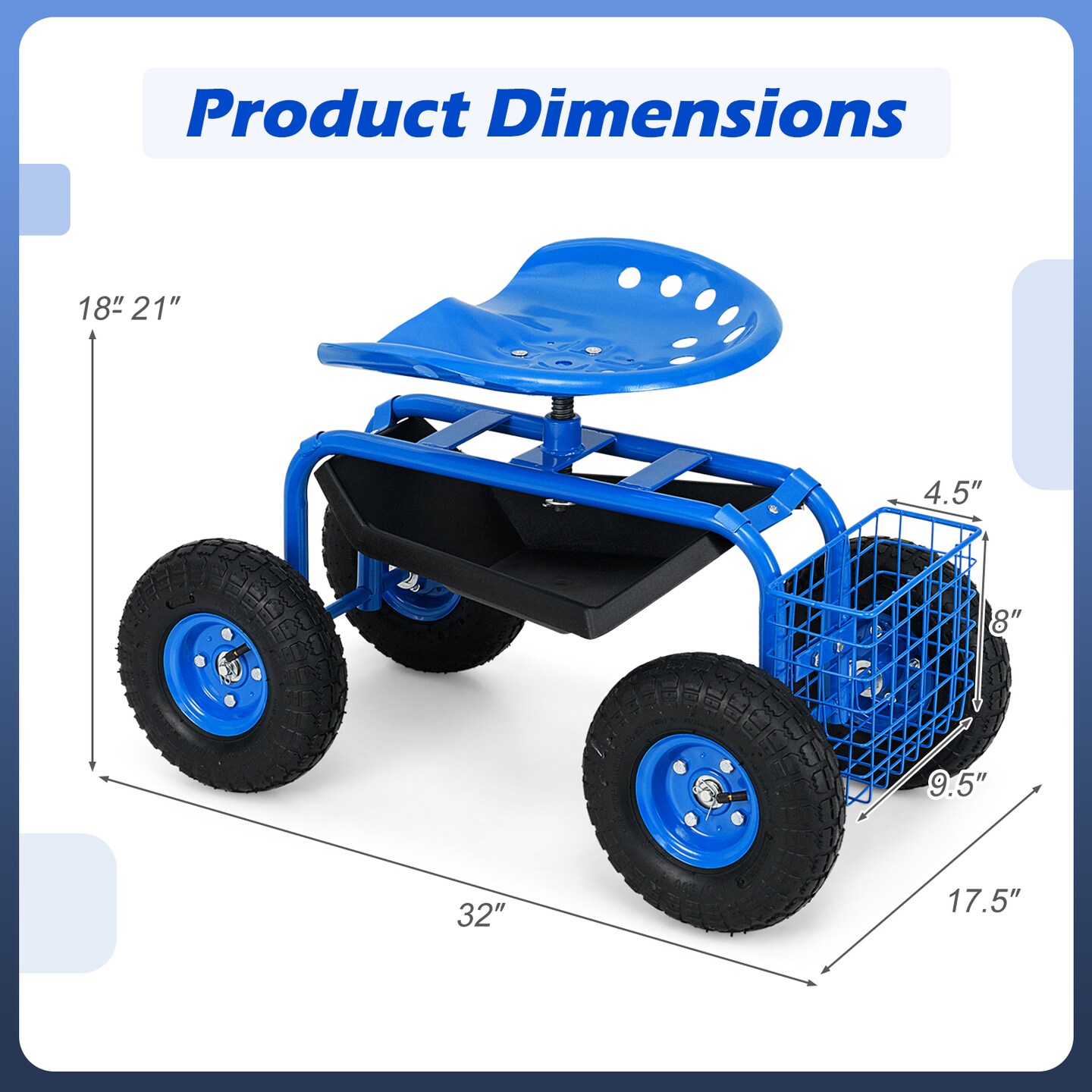 Blue Heavy Duty Rolling Garden Cart with Adjustable Swivel Seat and Pneumatic Wheels for Outdoor Use
