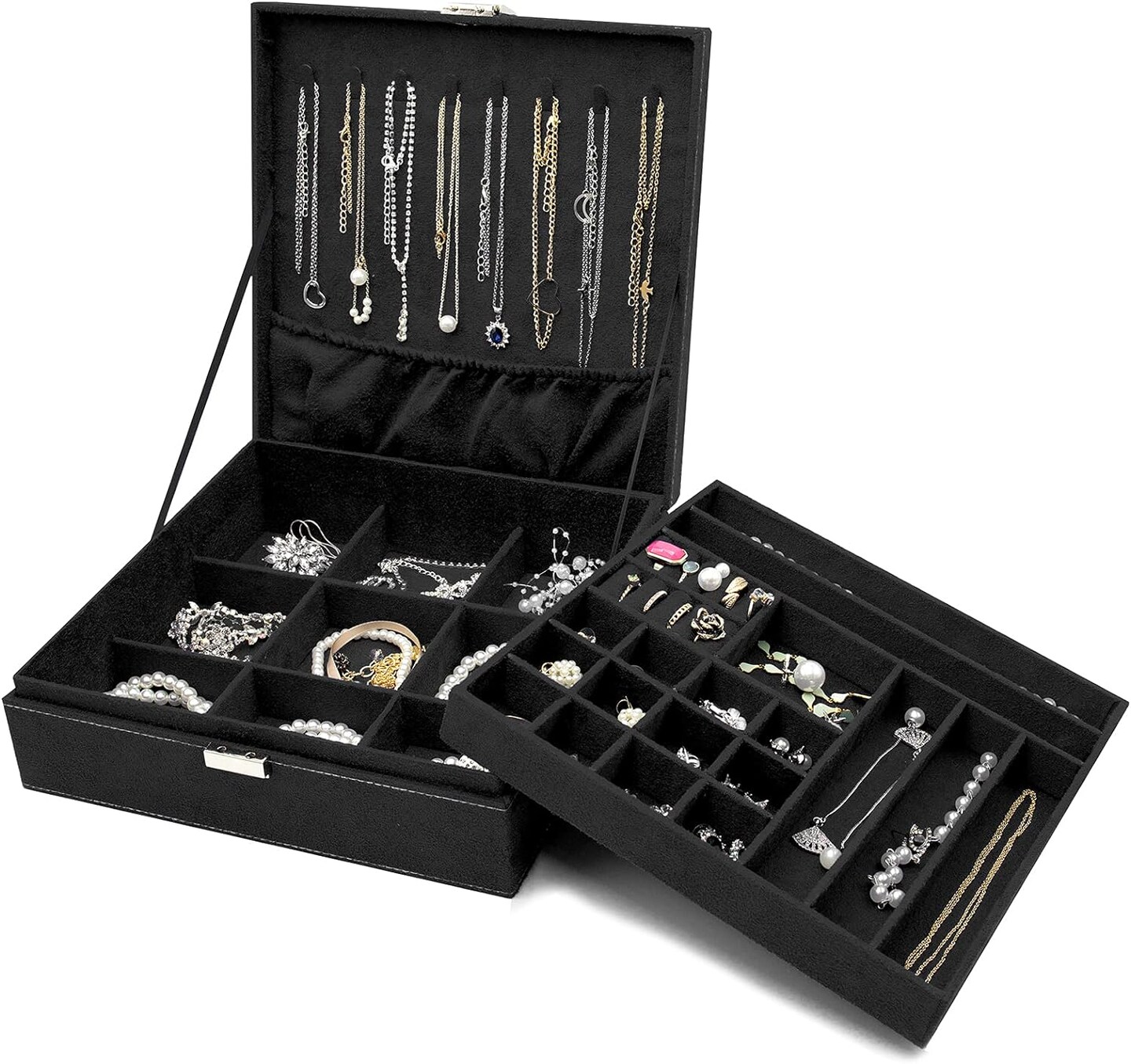 Velvet Jewelry Box Organizer for Women, 2 Layer Jewelry Display Storage Holder Case for Necklace Earrings Bracelets Rings -Black