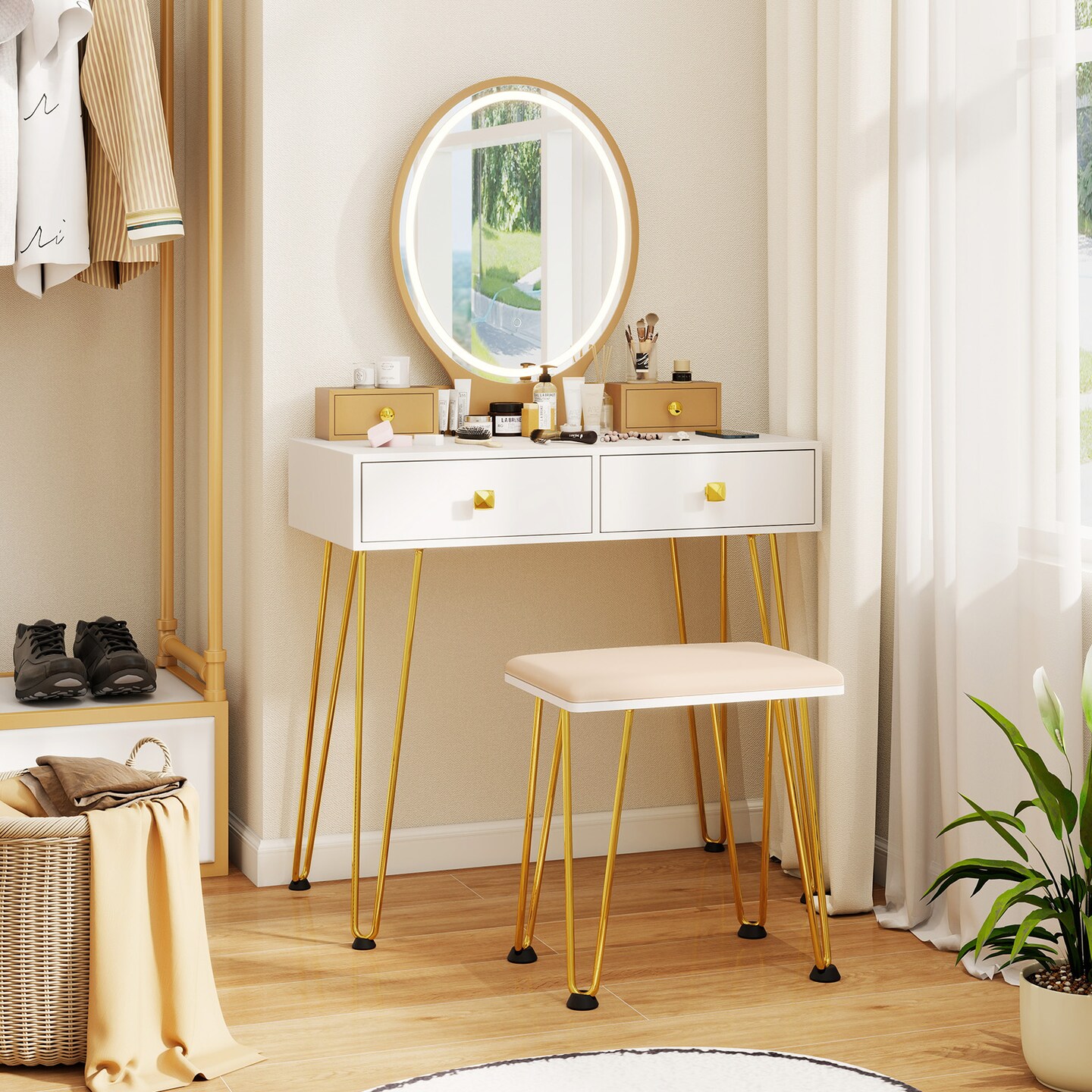 White and Gold Makeup Vanity Table with Adjustable Brightness LED Mirror and USB Charging Storage Drawers