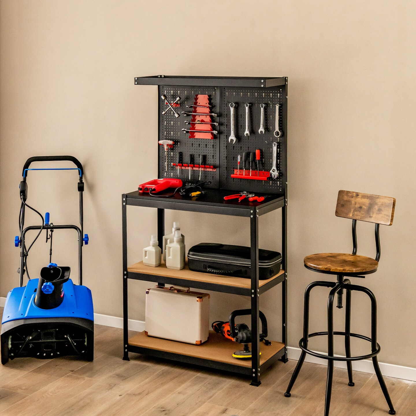 Black Steel MDF Workbench with Pegboard, Shelves, Tool Holders and Heavy Duty Design