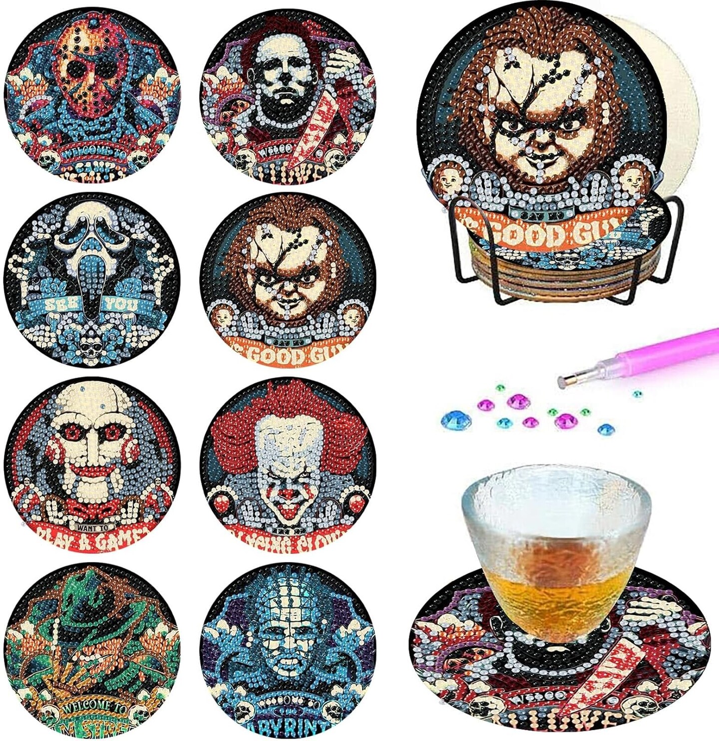 8 Pcs Halloween Diamond Art Coasters Kit for Adults - Round Full Drill Horror Diamond Painting Coasters Set with Holder