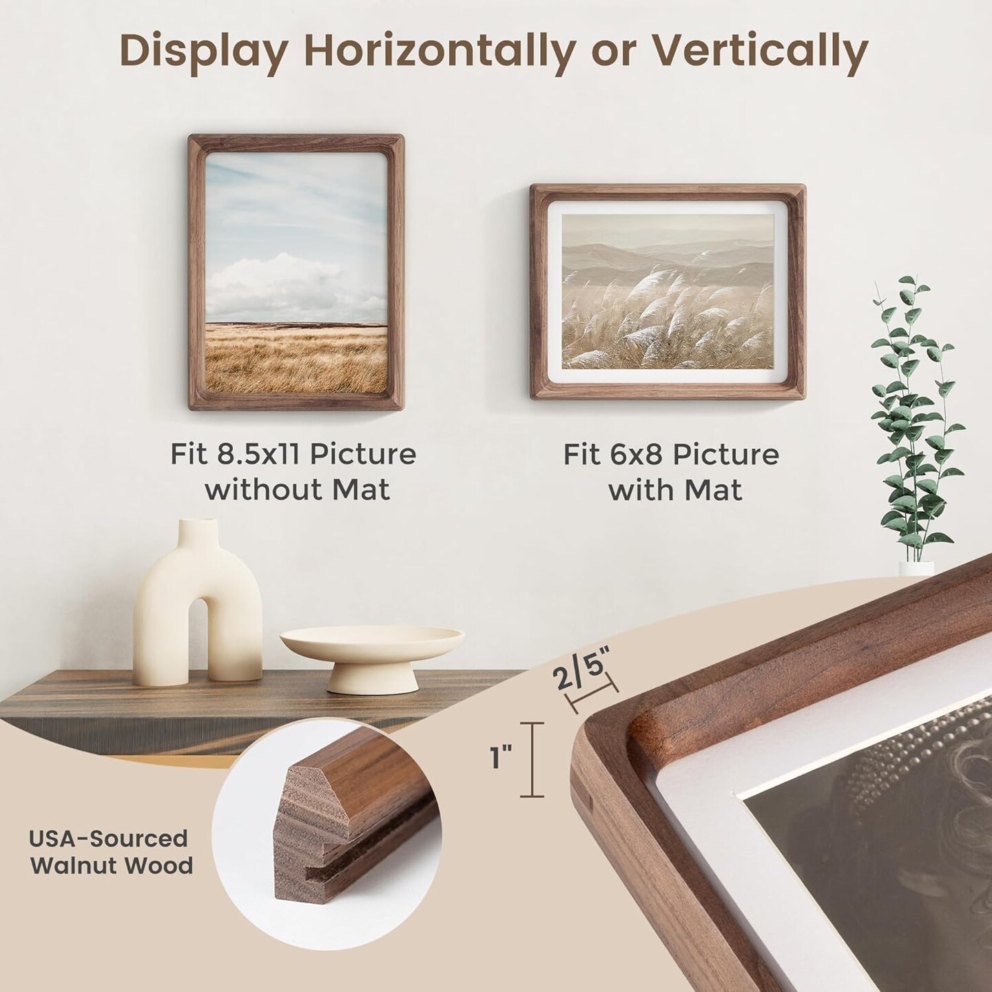 8.5 by 11 Picture Frame, USA-Sourced Walnut Wood Photo Frame with HD Tempered Glass, Handcrafted Rounded Corner 8.5 x 11 Wooden Frame Matted to 6x8 Photos, 8.5x11 frame, Tabletop or Wall Display