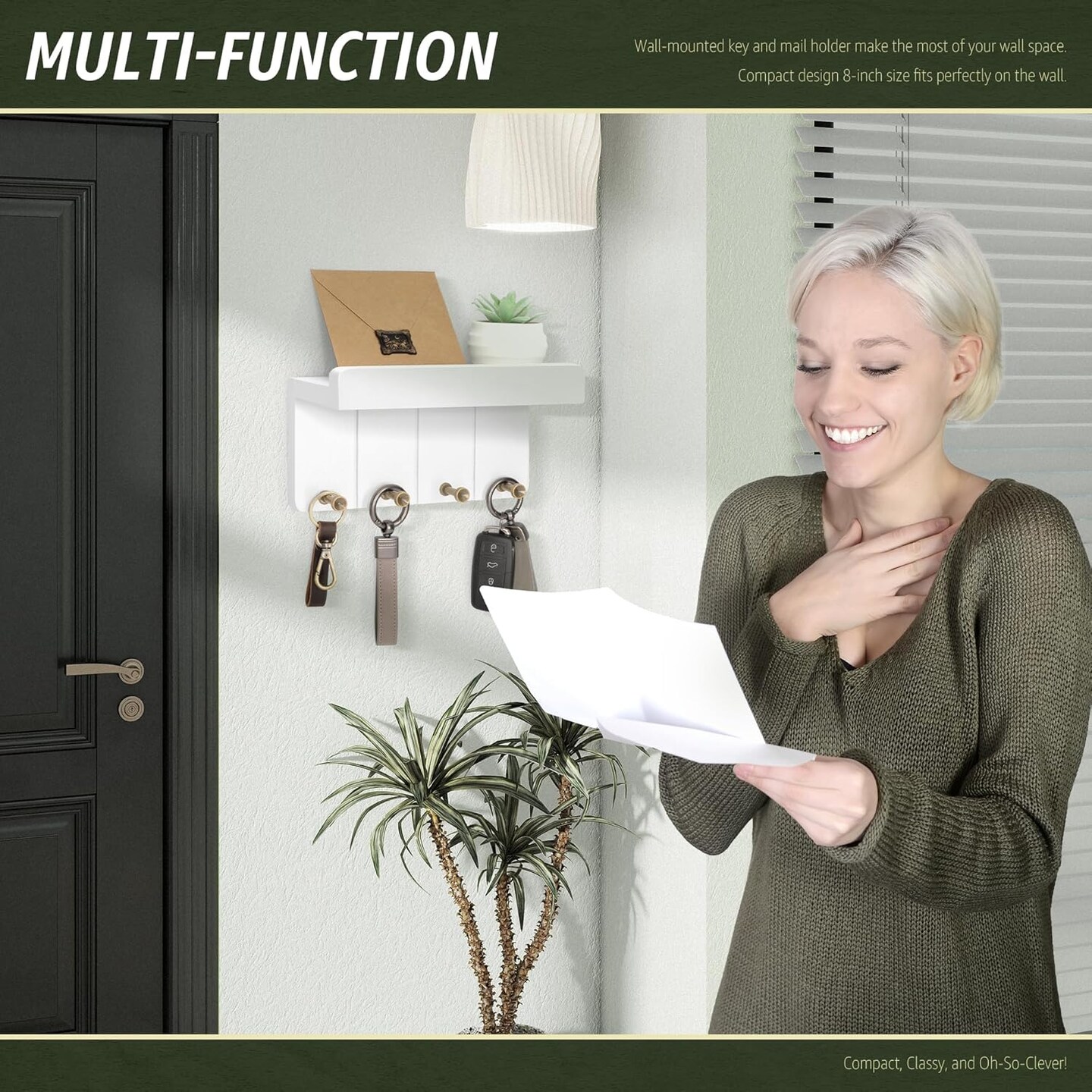 Small Key Holder Wall Mount - Aesthetic Room Decor with 4 Study Hooks and Mini Floating Shelf - Ideal Apartment Essentials for Farmhouse Living Room and Home Decor (Modern White)