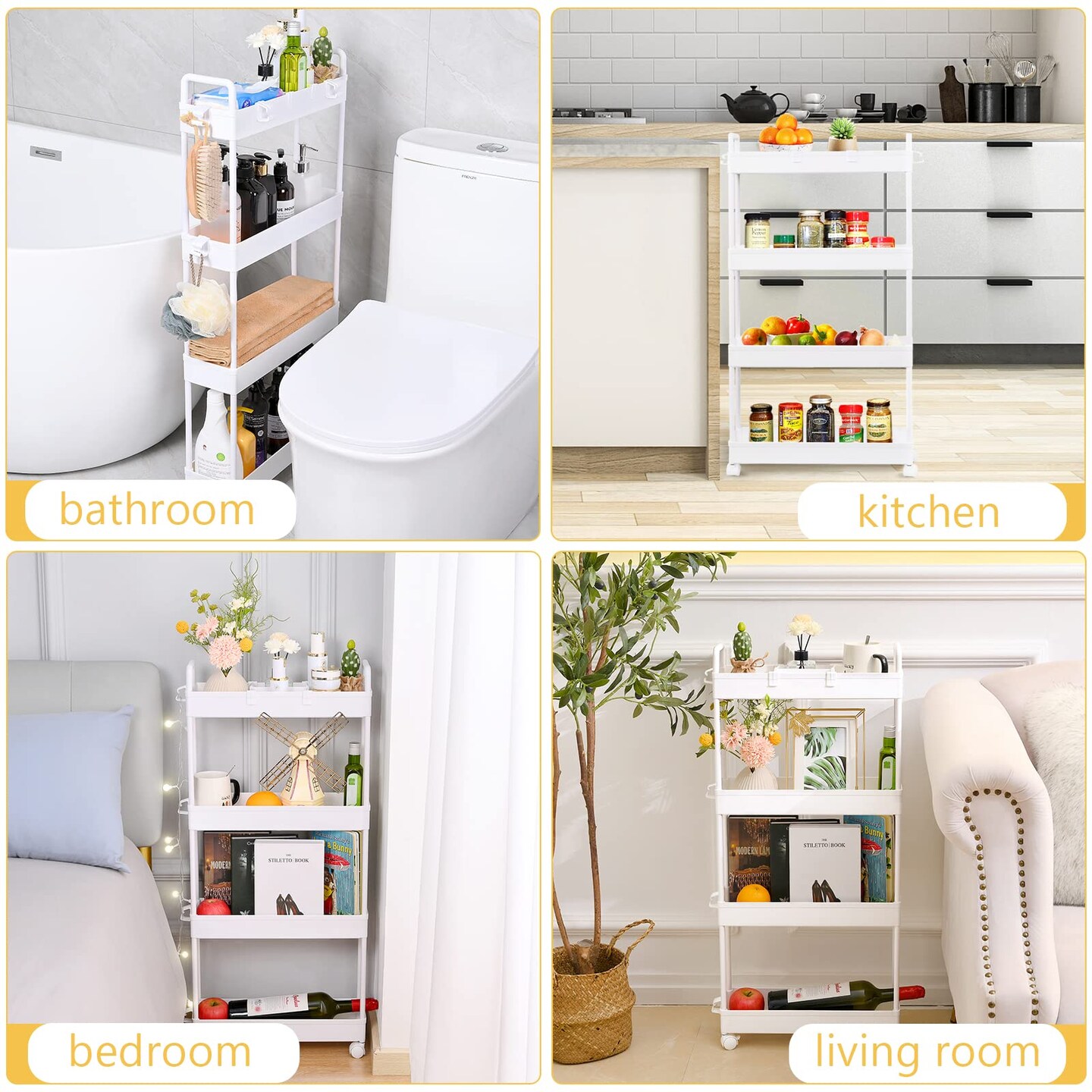 Slim Rolling Storage Cart with Wheels, 4 Tier Organizer, Rolling Utility Cart for Kitchen, Bathroom, Laundry Room, Office, Narrow Place (White)