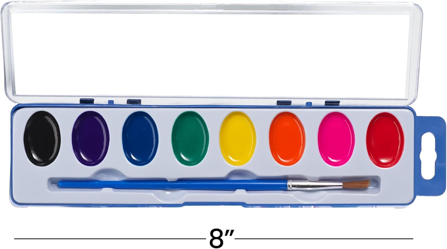 Watercolor Paint Set- Bulk Of 24 Sets - 8 Water Color Washable Paints, Palette Tray and Painting Brush, for Art Schools and Paint Party Supplies