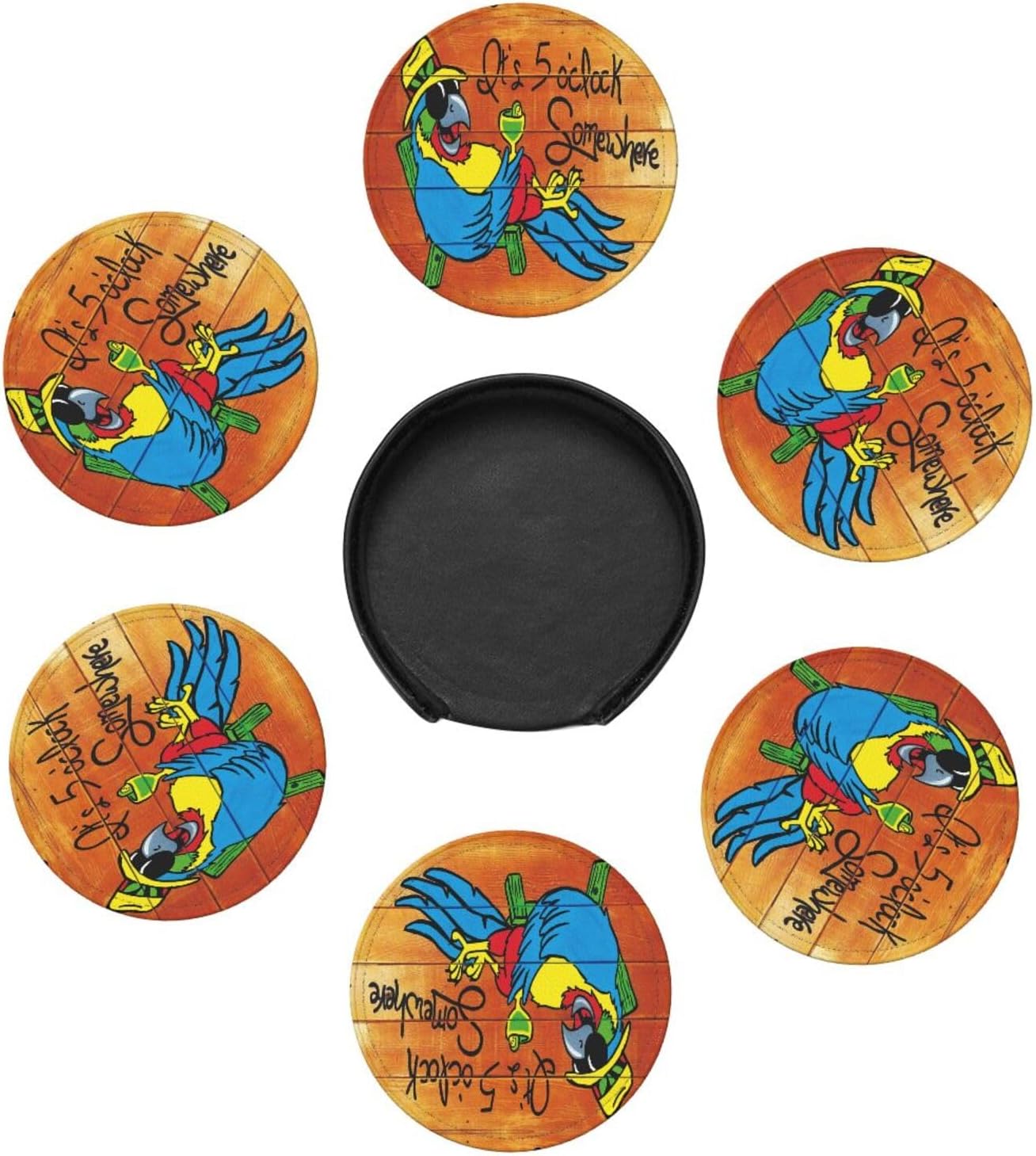It&#x27;s 5 O&#x27;Clock Somewhere Coasters Set of 6 Pu Leather Drinks Coaster with Holder for Coffee Table Kitchen Table Bar Home &#x26; Office Gifts Decor, Colour1
