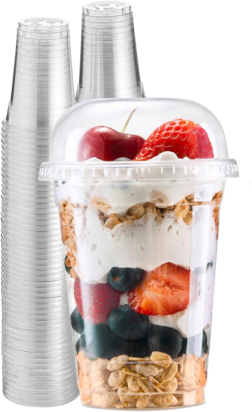 Clear Plastic Cups with Lids - 9 oz Disposable Cups for Ice Coffee, Bubble Boba Tea, Cold Drinks, Smoothies - Pack of 50