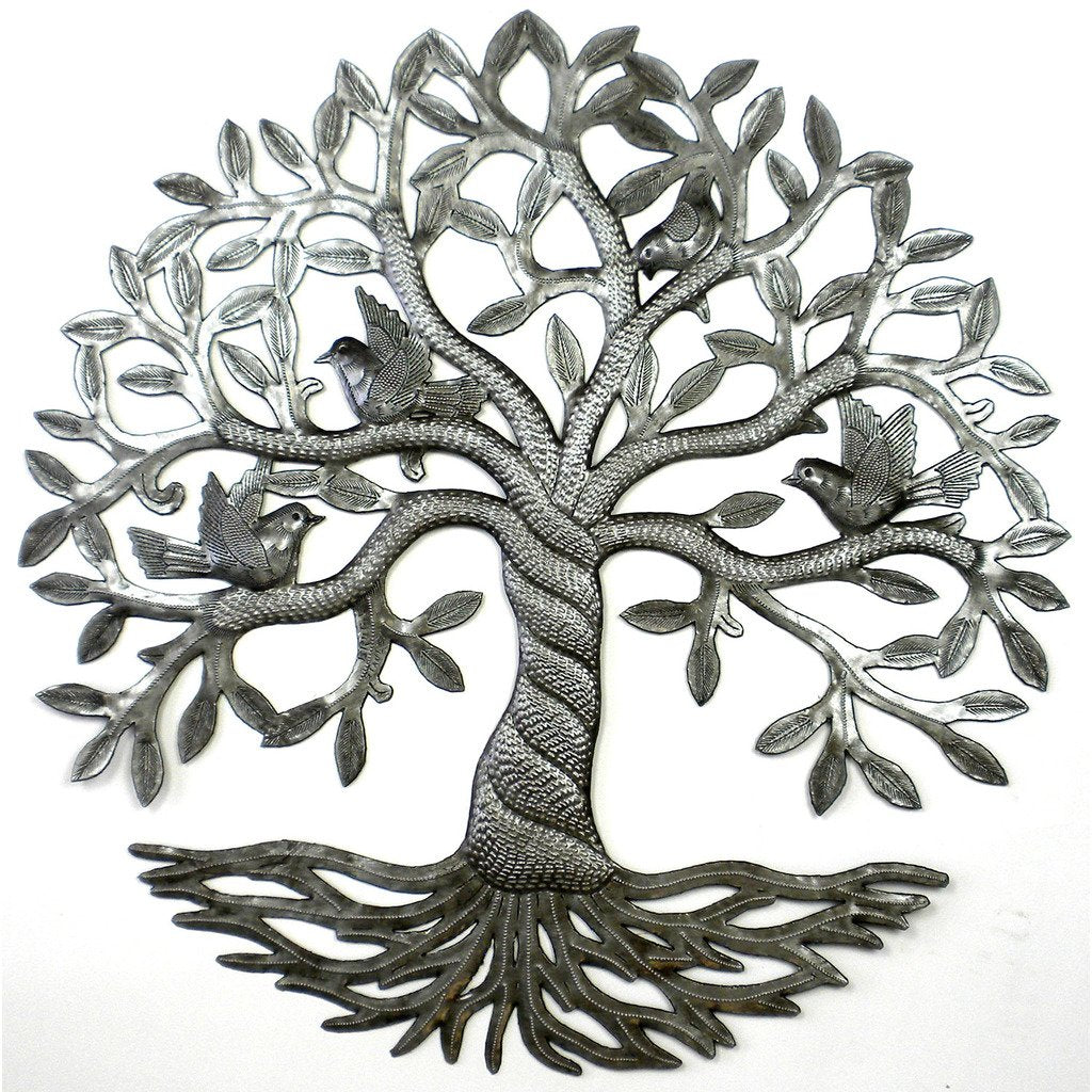 Silver Upcycled Steel Painted Twisted Tree of Life Metal Wall Art