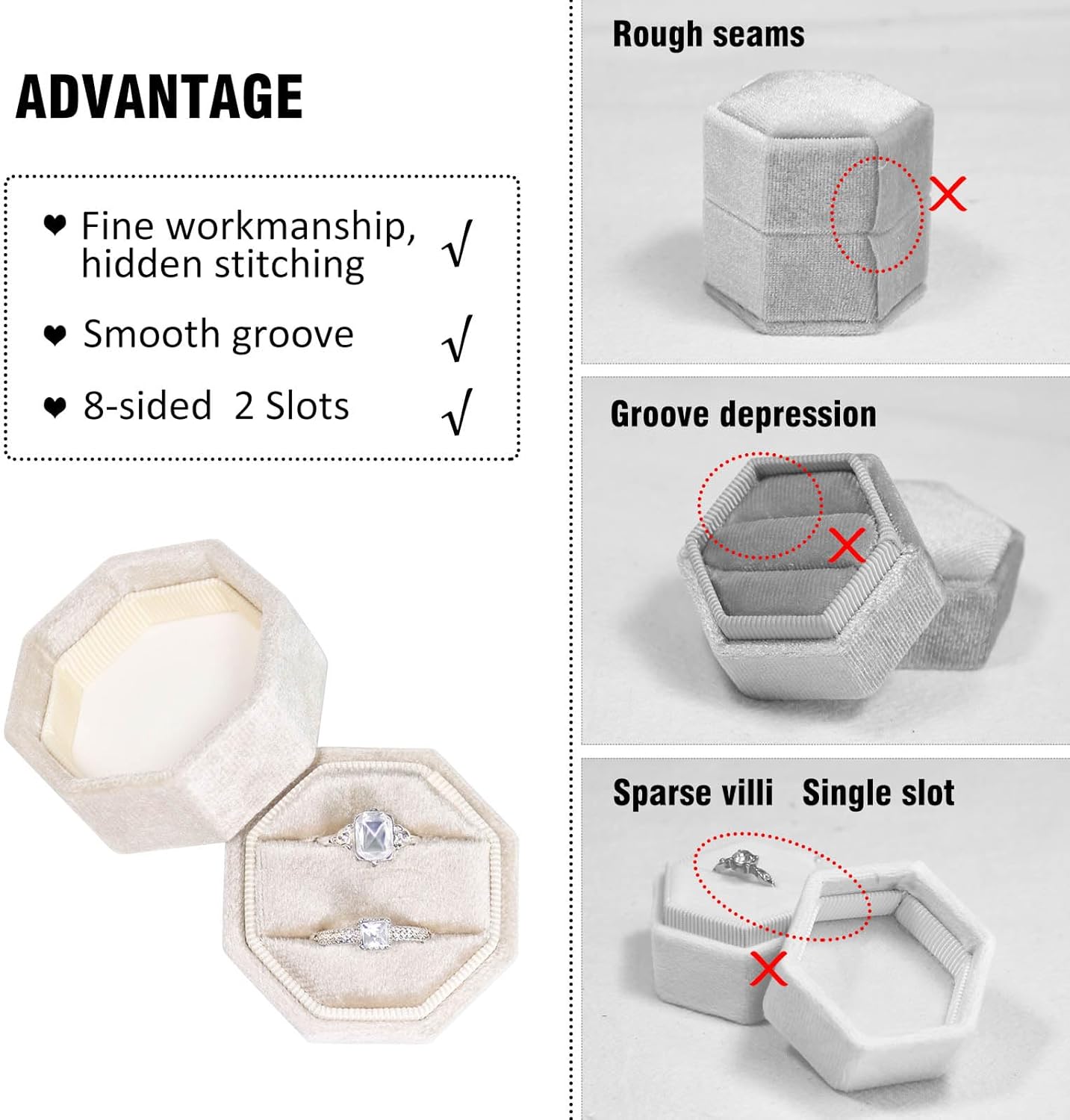 Velvet Ring Box, Ring Box 2 Slots Ring Gift Box Double Slots Octagon Ring Display Holder Case for Proposal Engagement Wedding Ceremony (Beige)