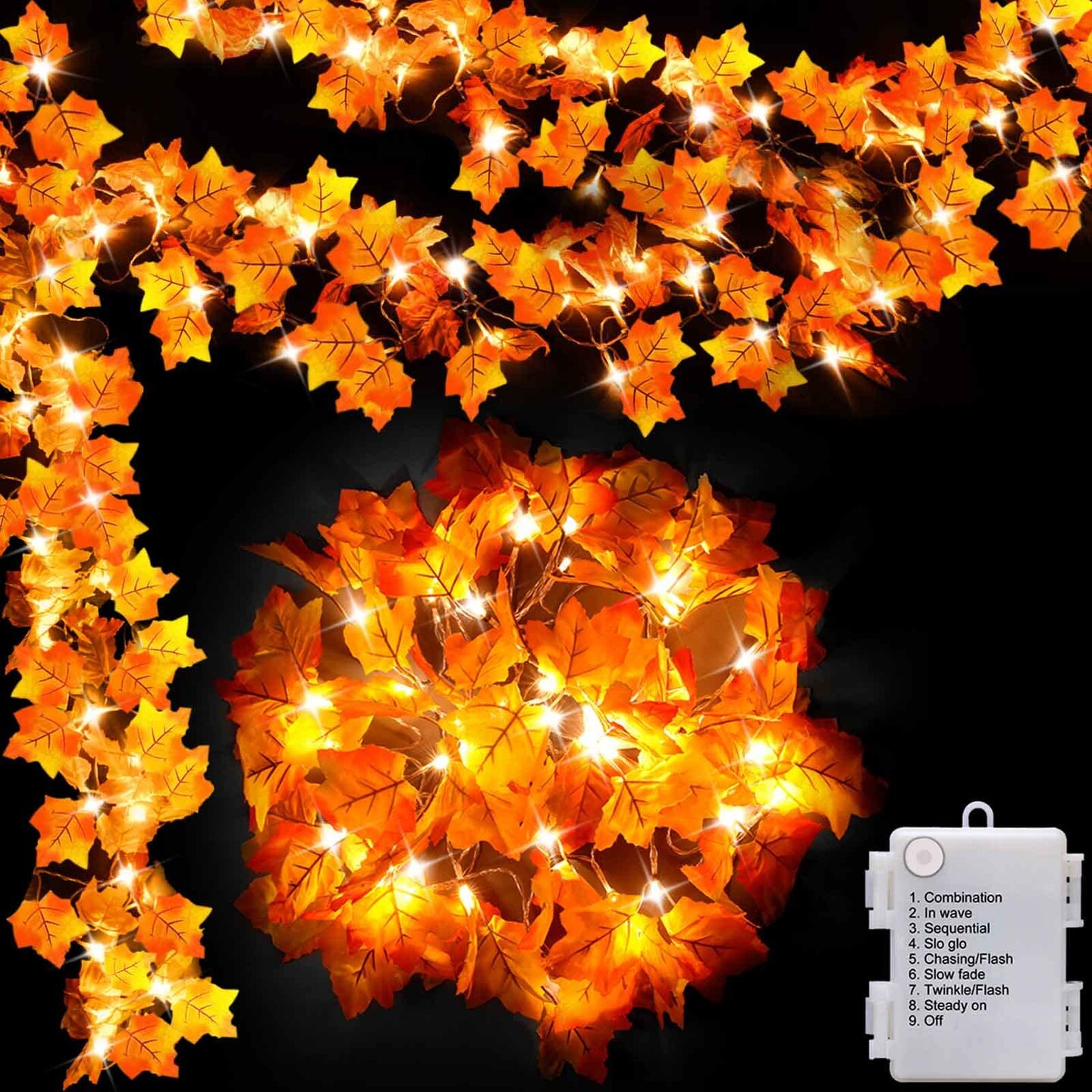 8 Lighting Modes &#x26; Timer Fall Decorations for Home Maple Leaf Garland with Lights 40LED Battery Operated Waterproof String Lights, Thanksgiving Halloween Fall Decor Indoor Outdoor Autumn