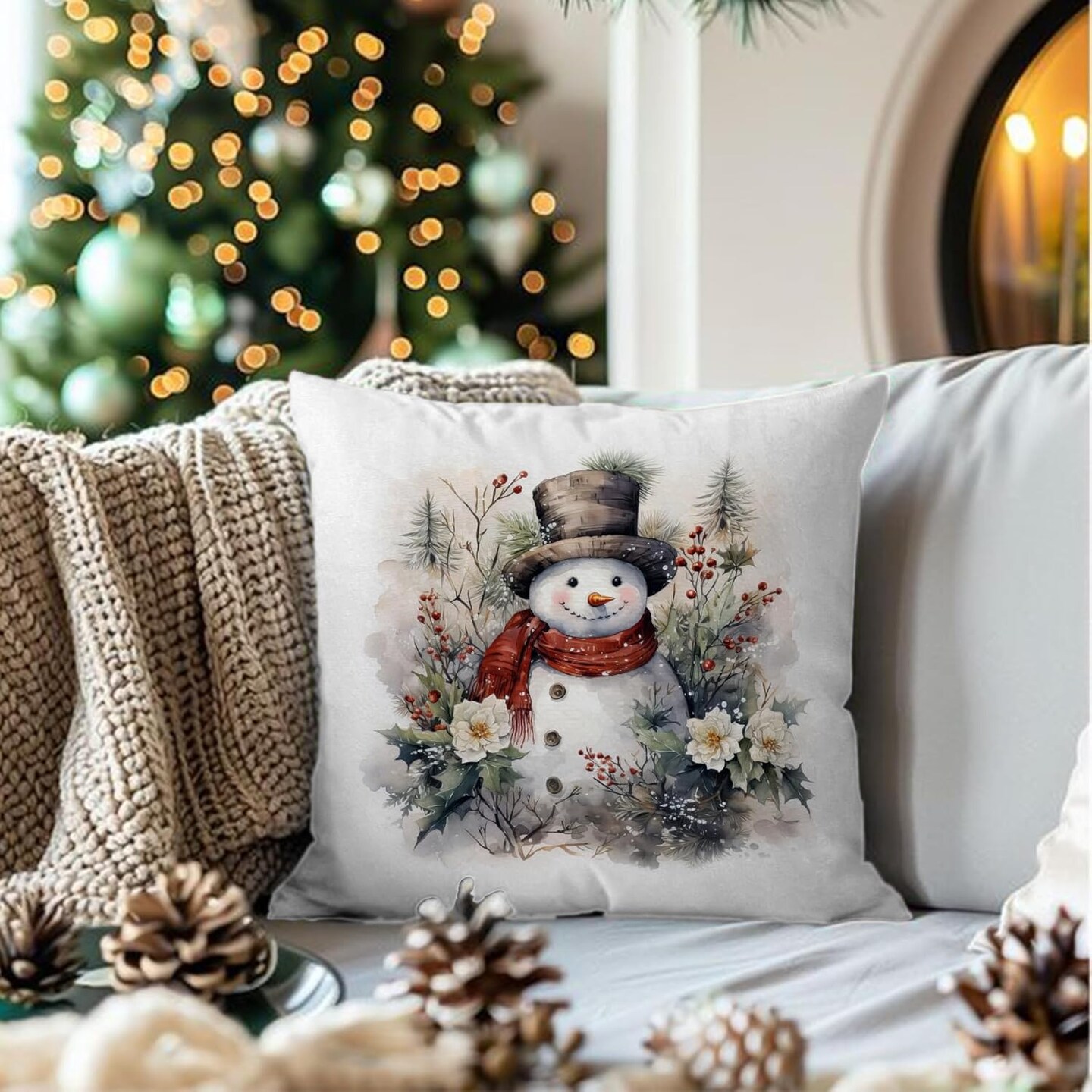 Snowman Pillow Covers 18x18, Floral Christmas Pillow Covers for Couch Bed, Snowman Decor, Winter Home Decor, Christmas Decorations for Living Room Bedroom Home Office