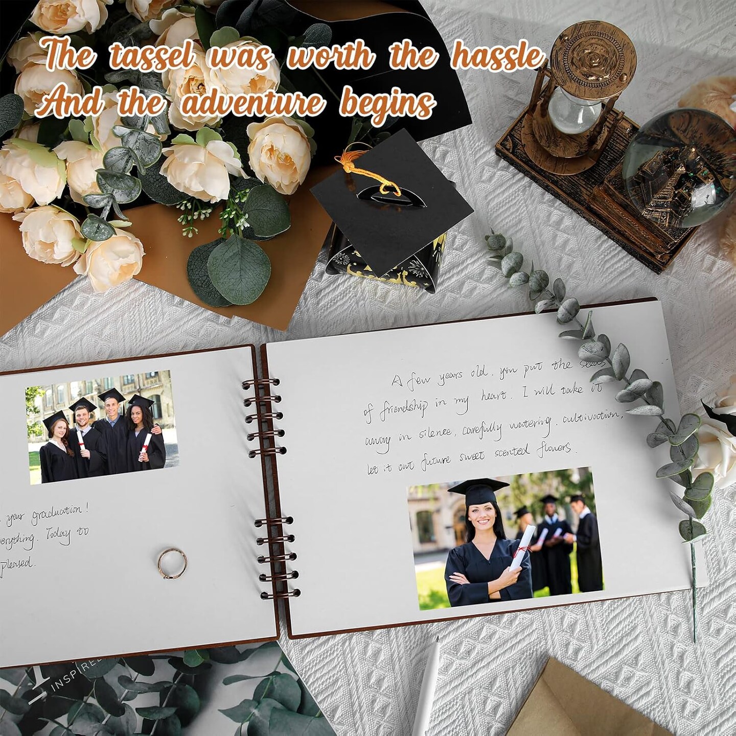 Graduation Wood Guest Book Rustic Grad Gifts Wood Scrapbook Photo Album Hardcover Photo Guest Congratulatory Message Book with 80 Blank White Pages for Graduation Party (Congratulation)