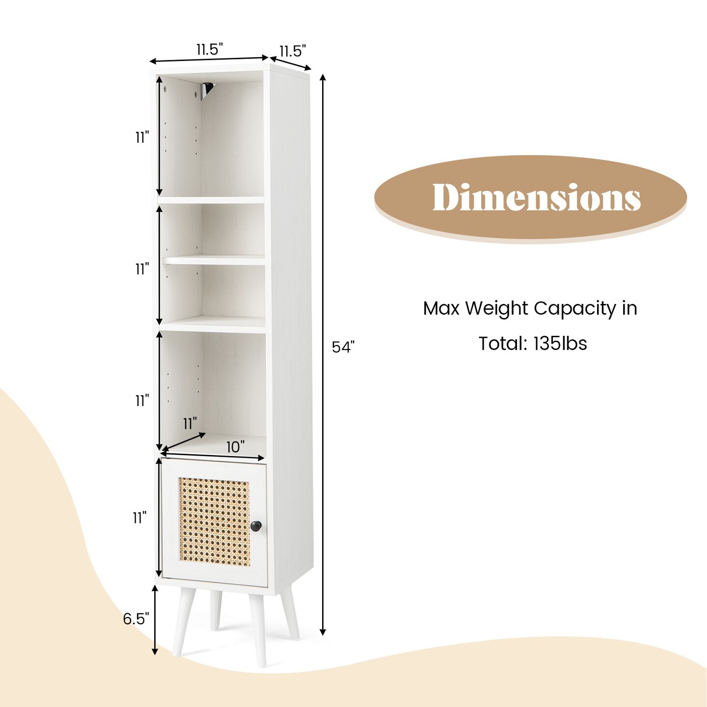 4 Tiers Space-Saving White Storage Cabinet with Rattan Door Adjustable Shelves and Solid Wood Legs