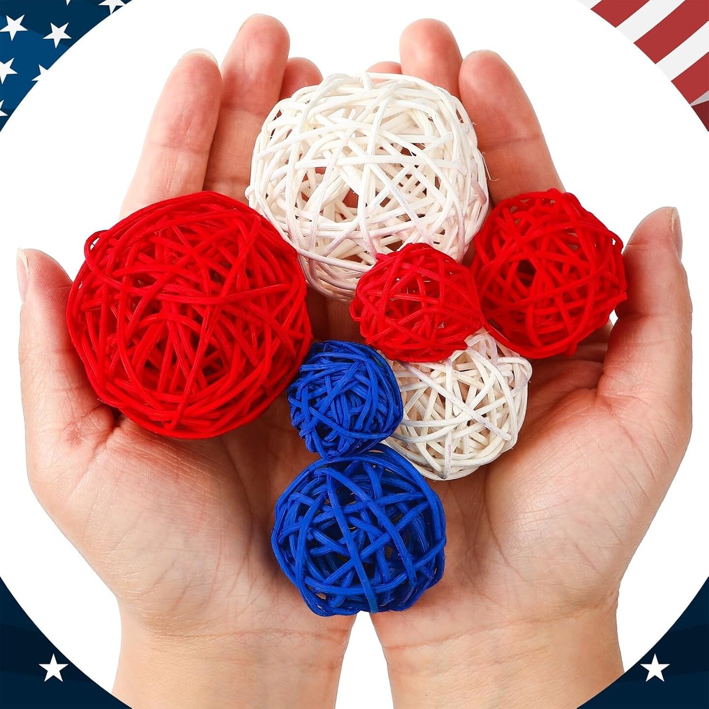 40PCS 4th of July Vase Filler Red White and Blue Rattan Balls Patriotic Decorations Mixed Color Sphere Orbs Decor for Independence Day 3 Sizes 3 Colors(Red,White, Blue)