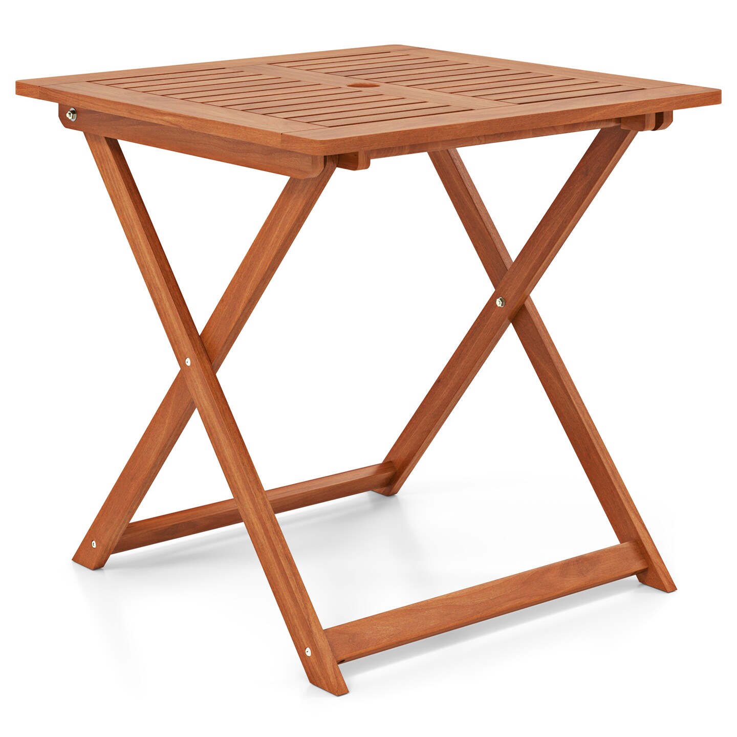 Teak Painted Folding Outdoor Table with Umbrella Hole and Stable X-Frame Design for Patio Use