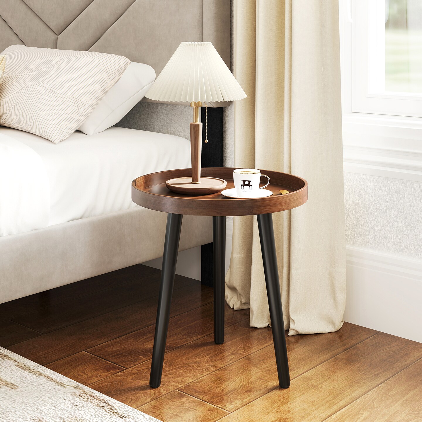 Compact Wooden Tray Side Table Round End Table for Sofa or Bed