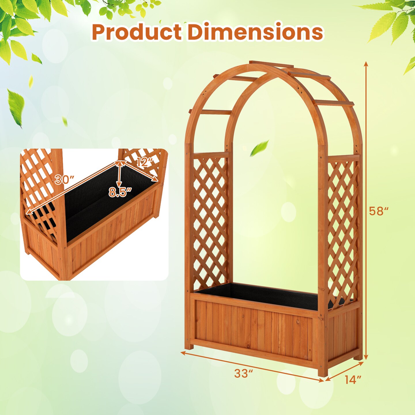 Reddish Brown Wooden Raised Garden Bed with Trellis and Arch Outdoor Planter Box with Liner