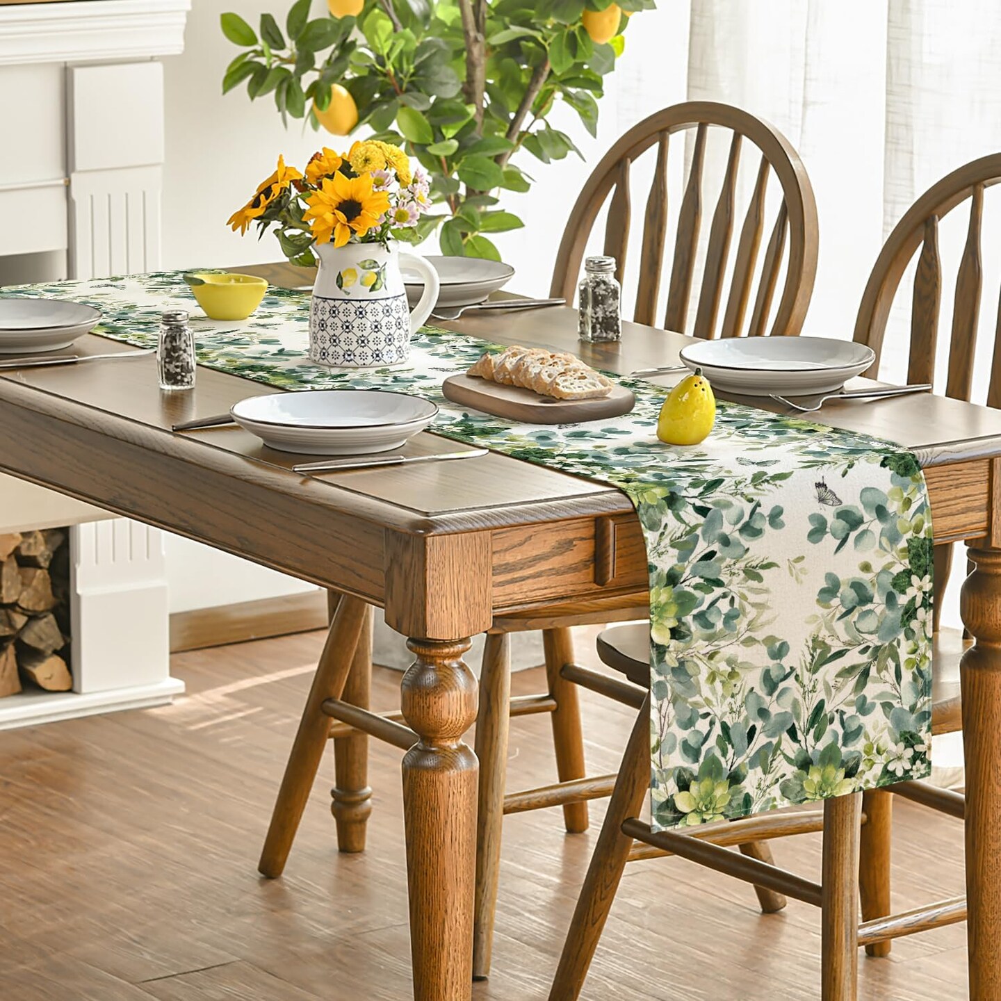 Green Flowers Floral Eucalyptus Summer Table Runner, Seasonal Spring Kitchen Dining Table Decoration for Home Party Decor