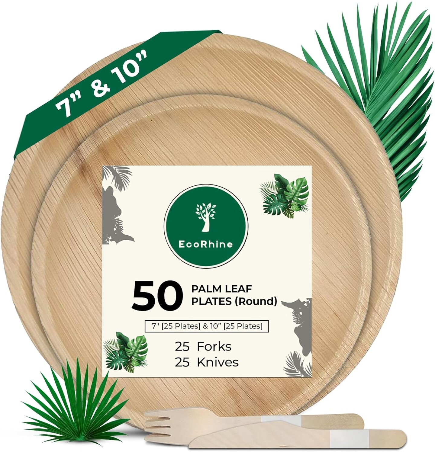 Palm Leaf Disposable Plates - Bamboo Plates Disposable 7 & 10 Inch Round (50pc) - 100% Compostable & Biodegradable Plates with Cutlery (25 Forks, 25 Knives) - Heavy-Duty, Party Dinnerware Set