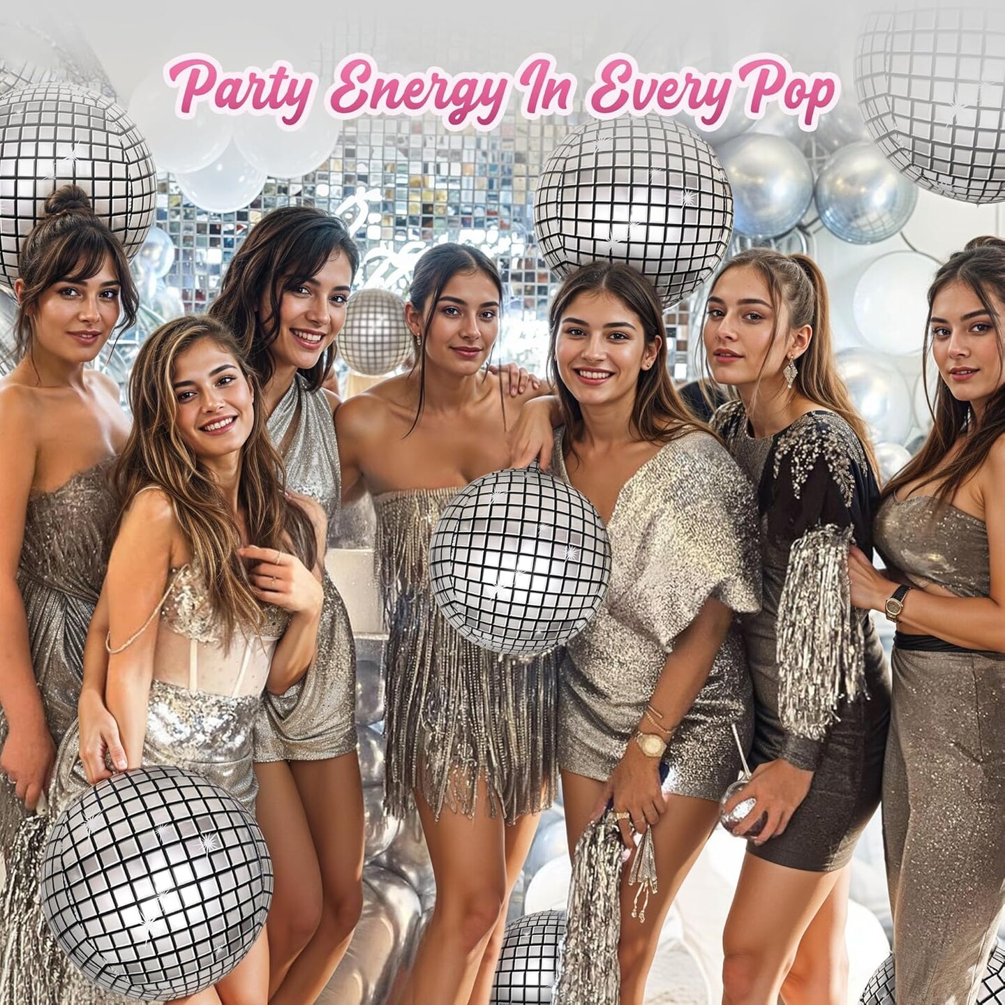 4E's Novelty 6 PCS Silver 22 Inch Disco Balloons – Quick-Inflate Foil Decor Balloon Kit – Bachelorette, 70s Disco Party Decorations, Groovy Decor, Iridescent Bright Shining Balloons