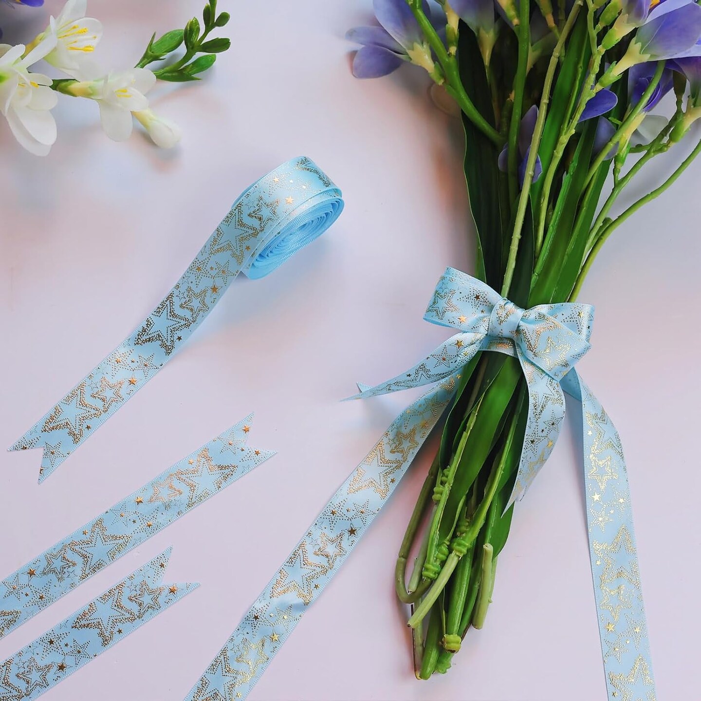 Light Blue Satin Ribbon with Gold Star -7/8 Blue Satin Ribbon (22mm 10 Yards for Gift Wrapping