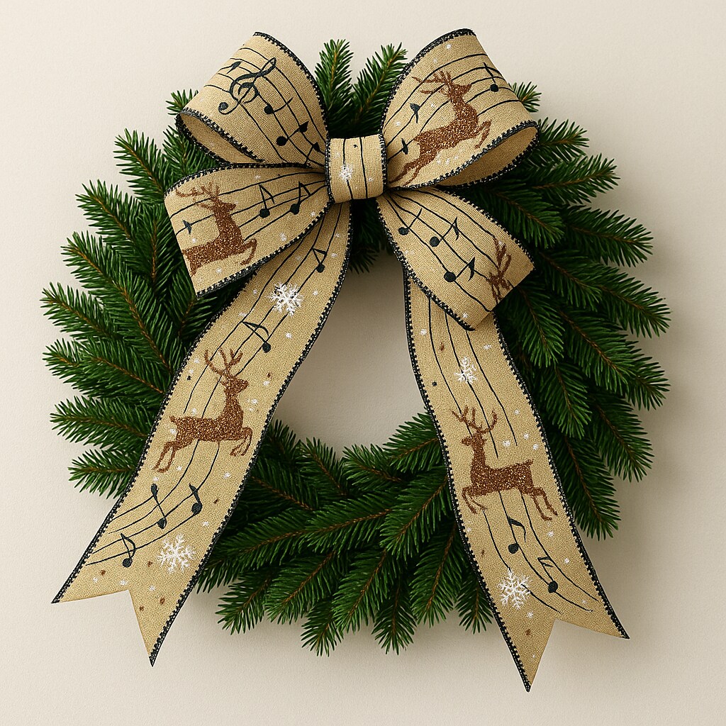 Designer&#x2019;s Shop Christmas Musical Glitter Reindeer wired edge ribbon WR 63-5173 2.5&#x201D; x 10 yards