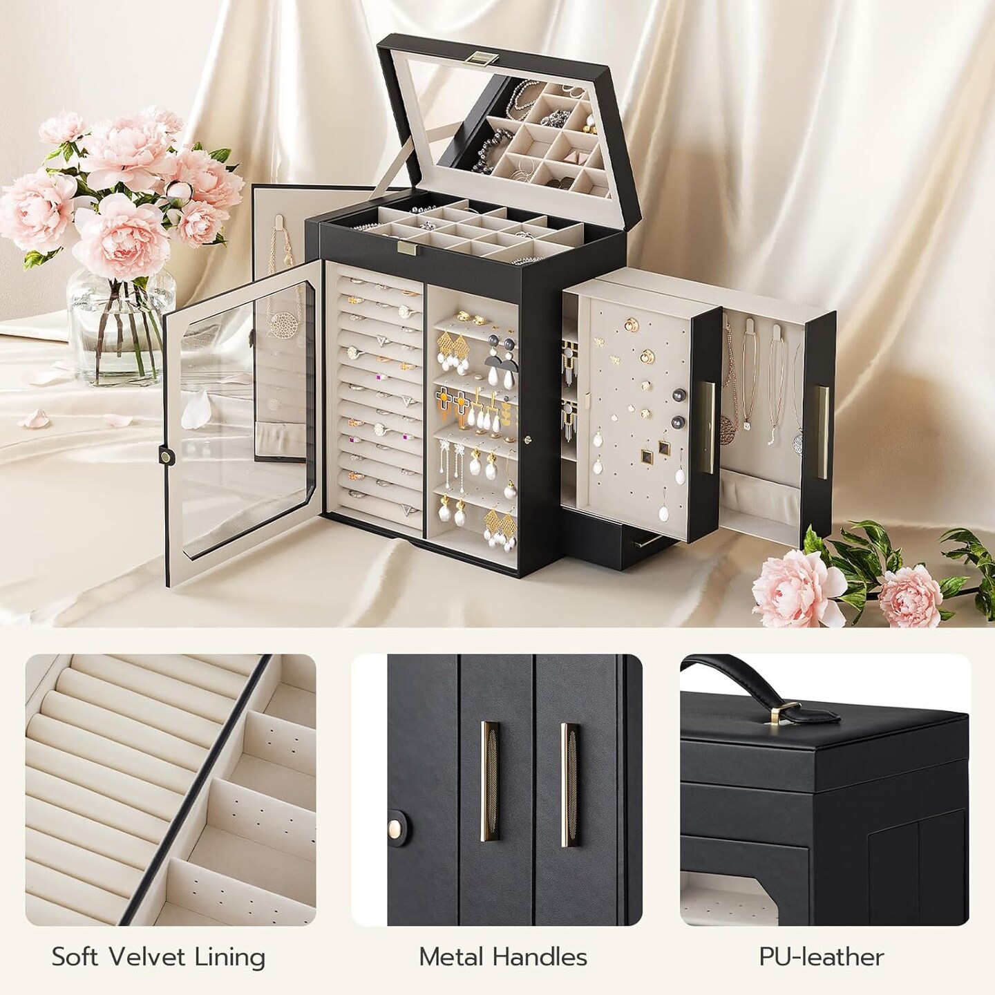 Jewelry Box with Mirror, Travel Jewelry Organizer with Glass Window, Vertical Storage, Christmas Gift, Gift for Loved Ones, for Earrings, Rings, Necklaces, Bracelets, Black BK03JB04G2