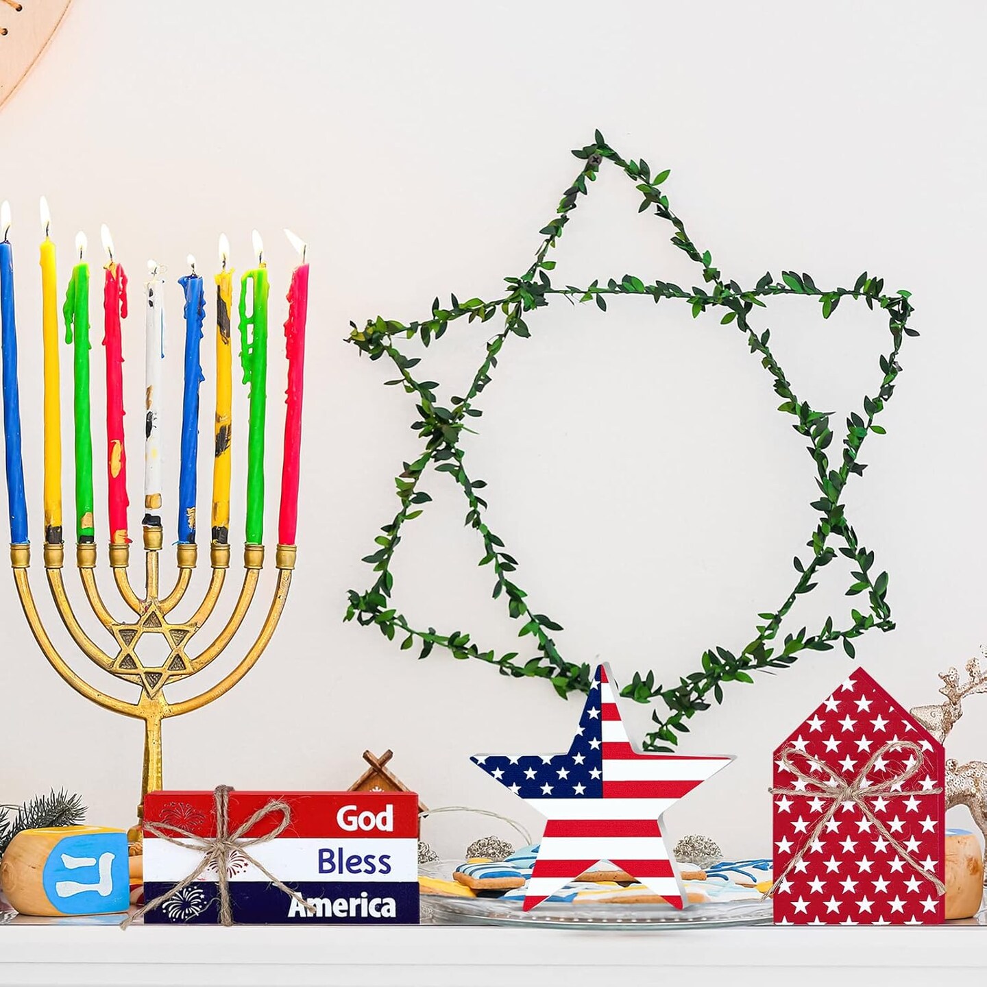 5 Pcs 4th of July Tiered Tray Decor Patriotic Table Decor Memorial Day Decorations Wooden Star Sign God Bless America Faux Book Bundle for Independence Labor Day Home Tabletop Bookshelf