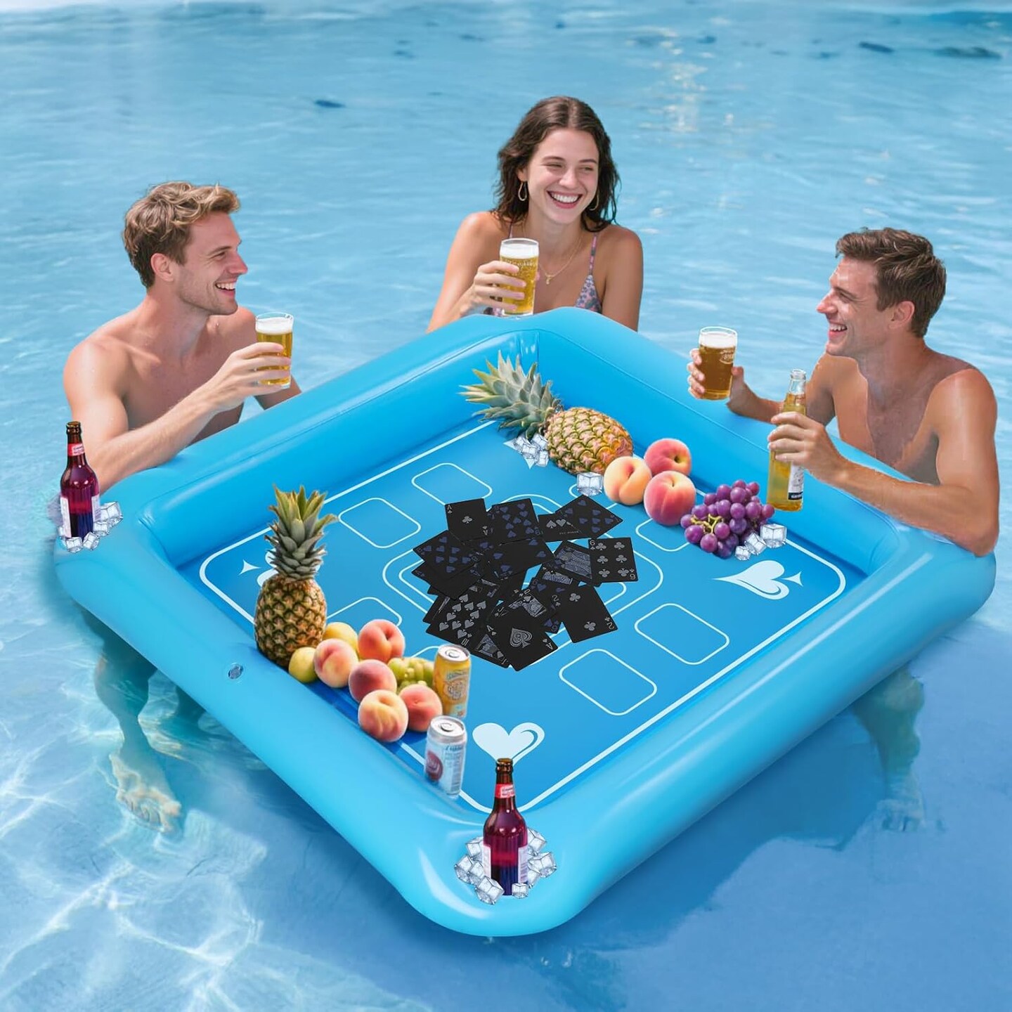 Floating Game Table for Pool - 40&#x22;x40&#x22; Inflatable Floating Table for Pool with Waterproof Playing Cards, Large Pool Float Drinking Table, Pool Float Drinks Tub Tray for Outdoor Summer Beach Party